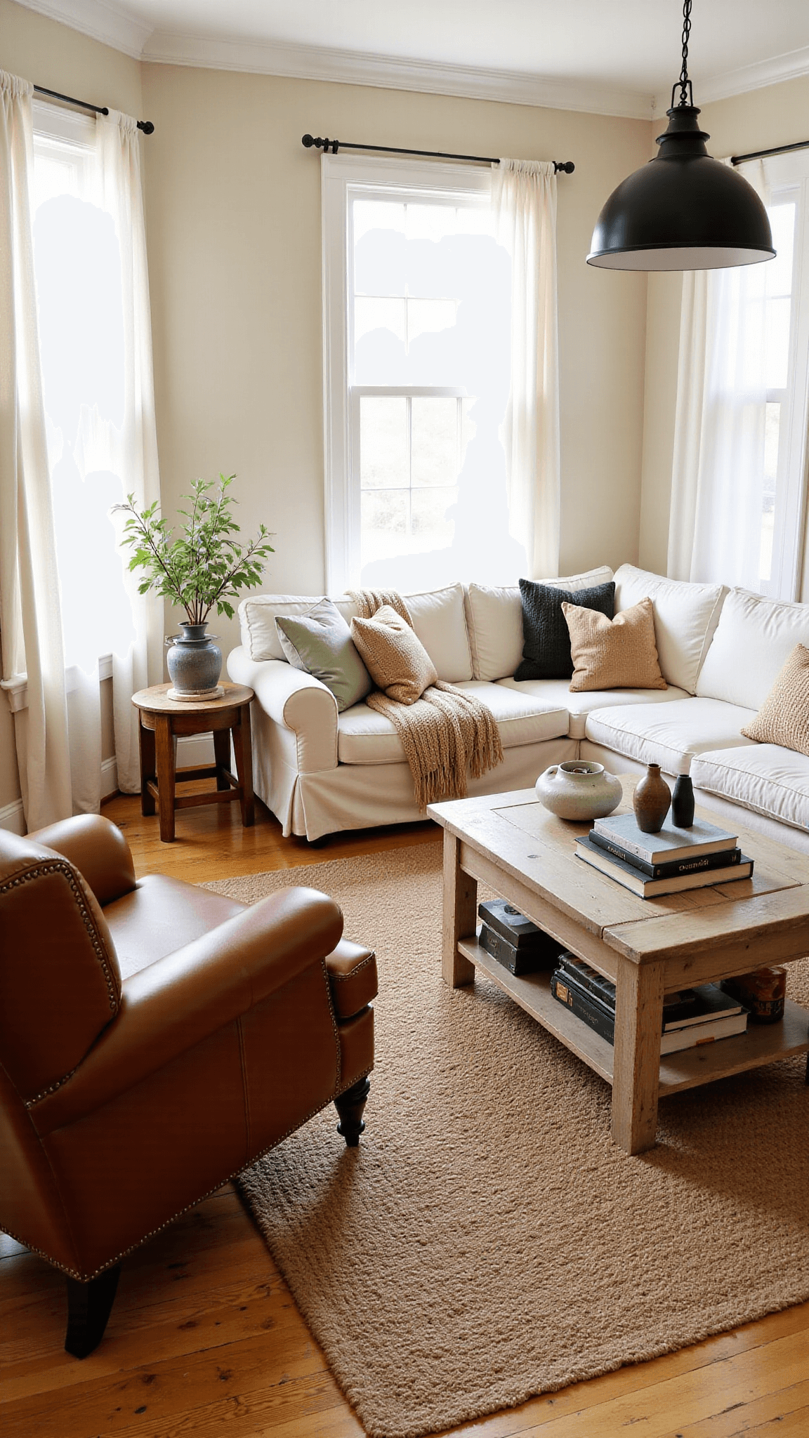 Sunlit farmhouse living room with white sectional, vintage armchair, layered Persian and jute rugs, and distressed wood coffee table.