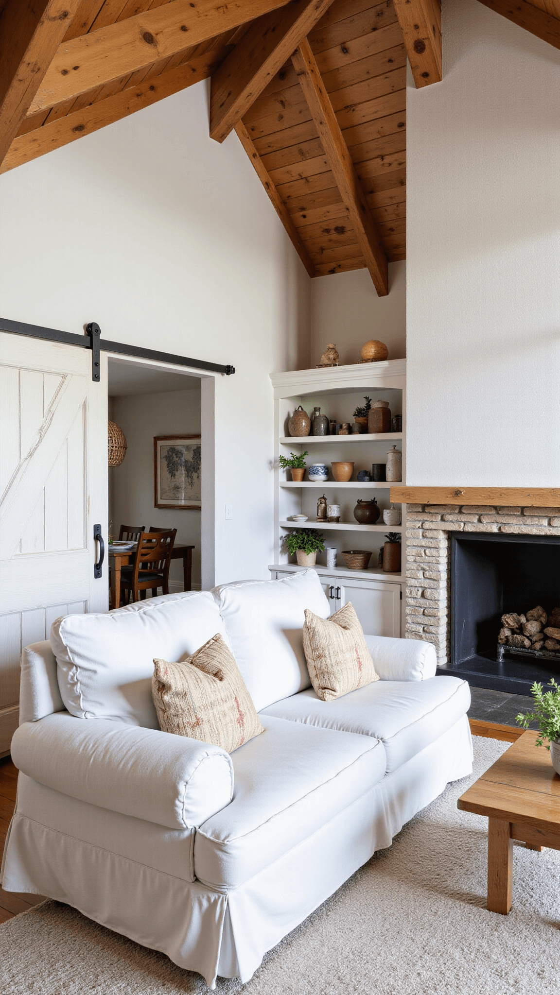 Open-concept living area with cathedral ceiling, rustic cedar beams, white linen sofa, stone fireplace, industrial shelving with ceramics and plants, and barn door leading to dining room, illuminated by morning light and warm accent lighting.