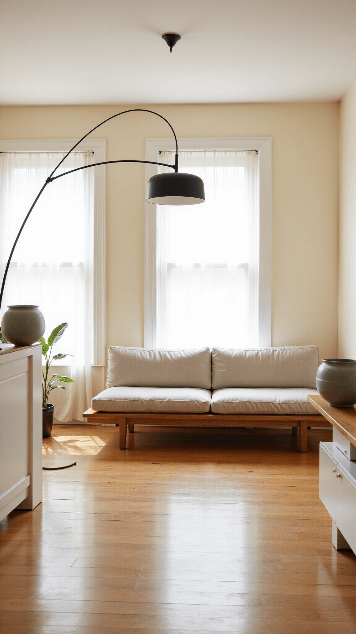 Bright, spacious living room with walnut platform sofa, floor-to-ceiling windows, black metal floor lamp, ceramic vessels on wooden shelf, and potted monstera in corner. Shot at golden hour emphasizing clean lines and negative space.