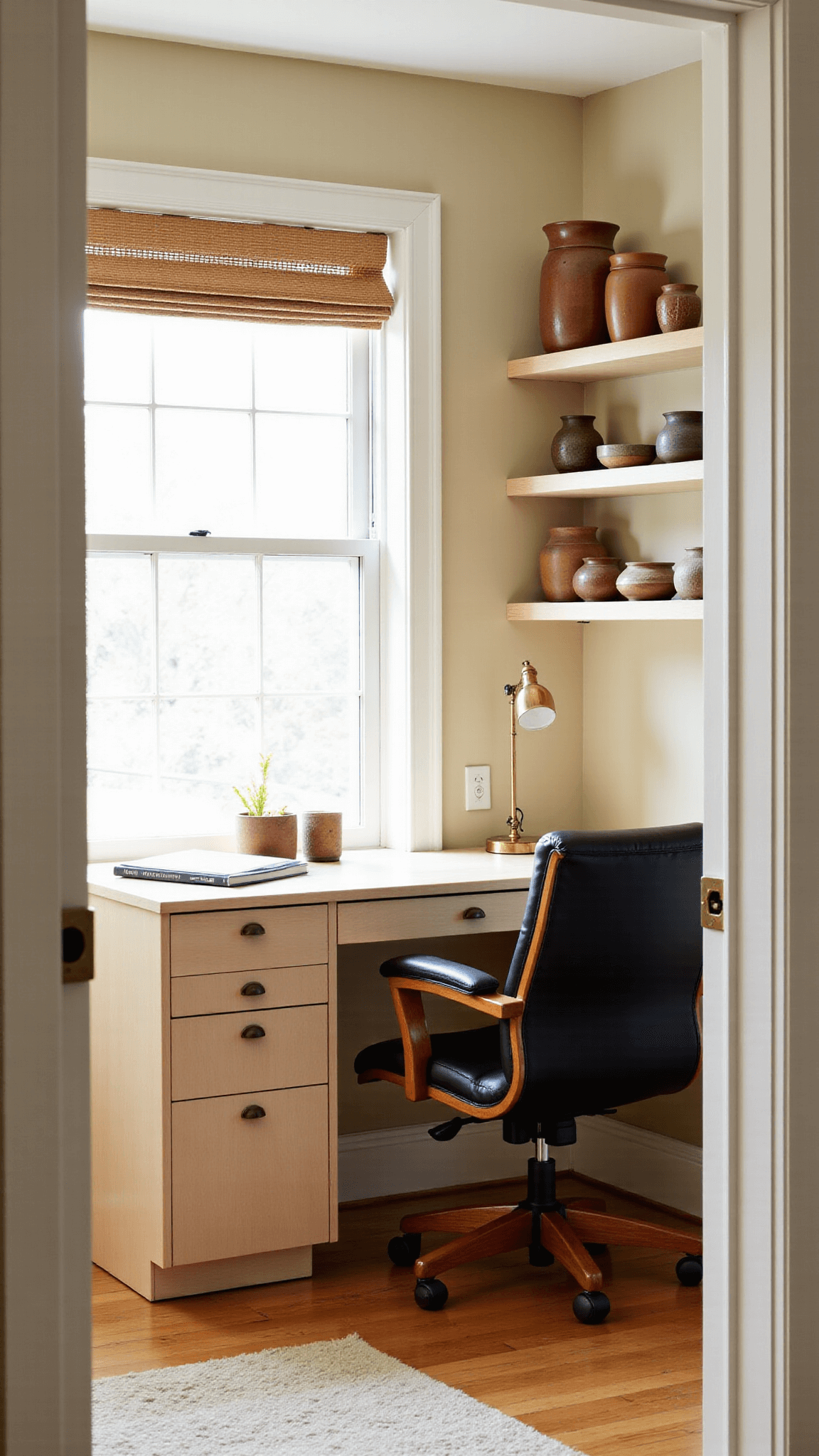 Compact home office interior featuring custom built-in desk, black leather ergonomic chair, floating shelves with pottery, woven bamboo blind, and brass task lamp.