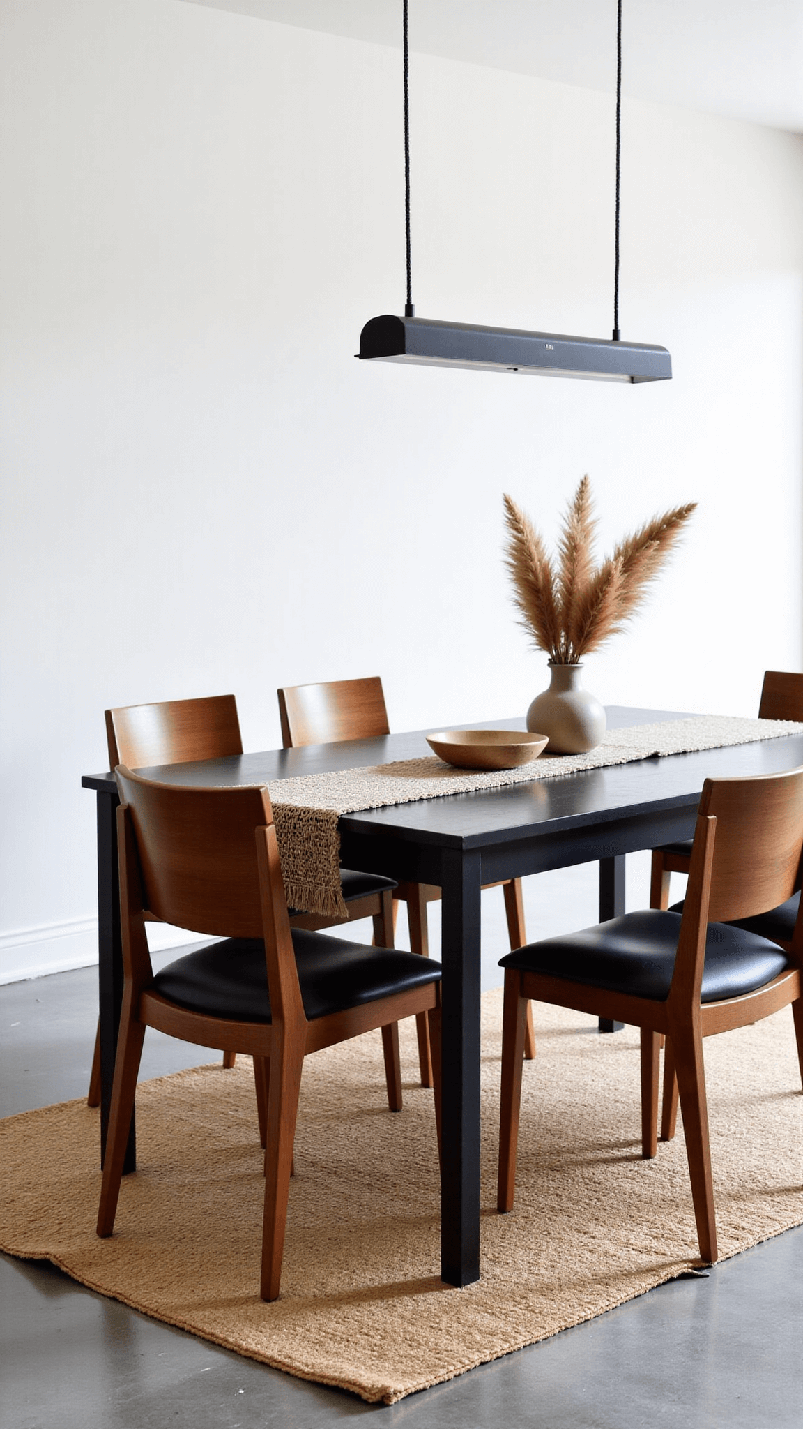 Minimalist modern dining space with black oak table, four wooden chairs, statement pendant light, handwoven table runner, ceramic vase with dried pampas grass, on a natural fiber beige rug over warm concrete gray floor, shot from an elevated viewpoint.