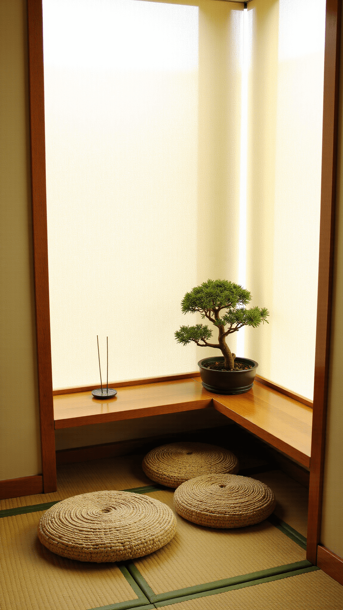 Zen meditation nook featuring wheat and cream colored floor cushions, wooden platform with handwoven meditation cushions, a rice paper screen diffusing natural light, a single bonsai tree, incense holder, and tatami mat flooring. Beautiful sage green accents enhance the serene atmosphere.