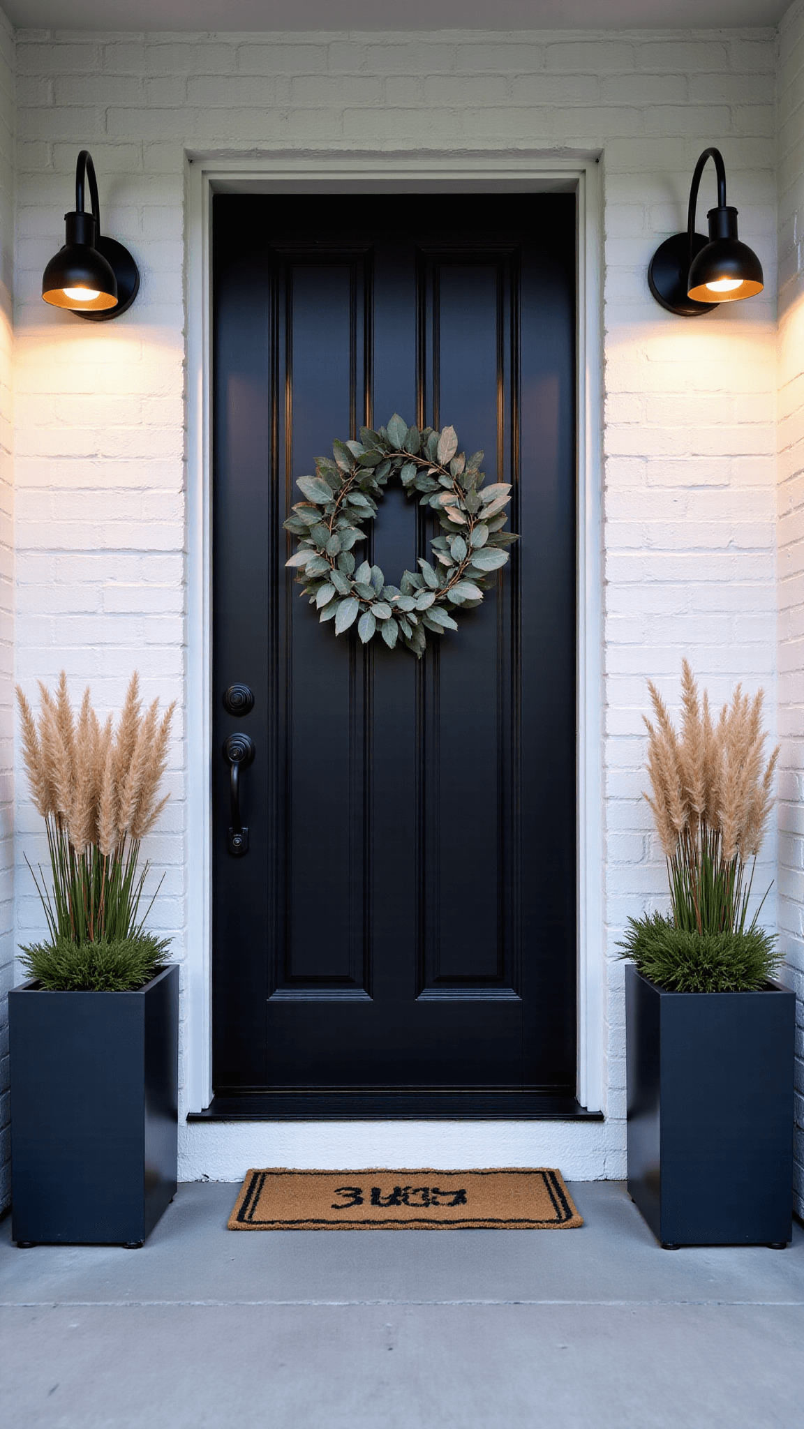 Modern farmhouse entryway with black door and white brick surround, adorned with minimalist wreath and flanked by tall ornamental grasses in black planters at dusk.