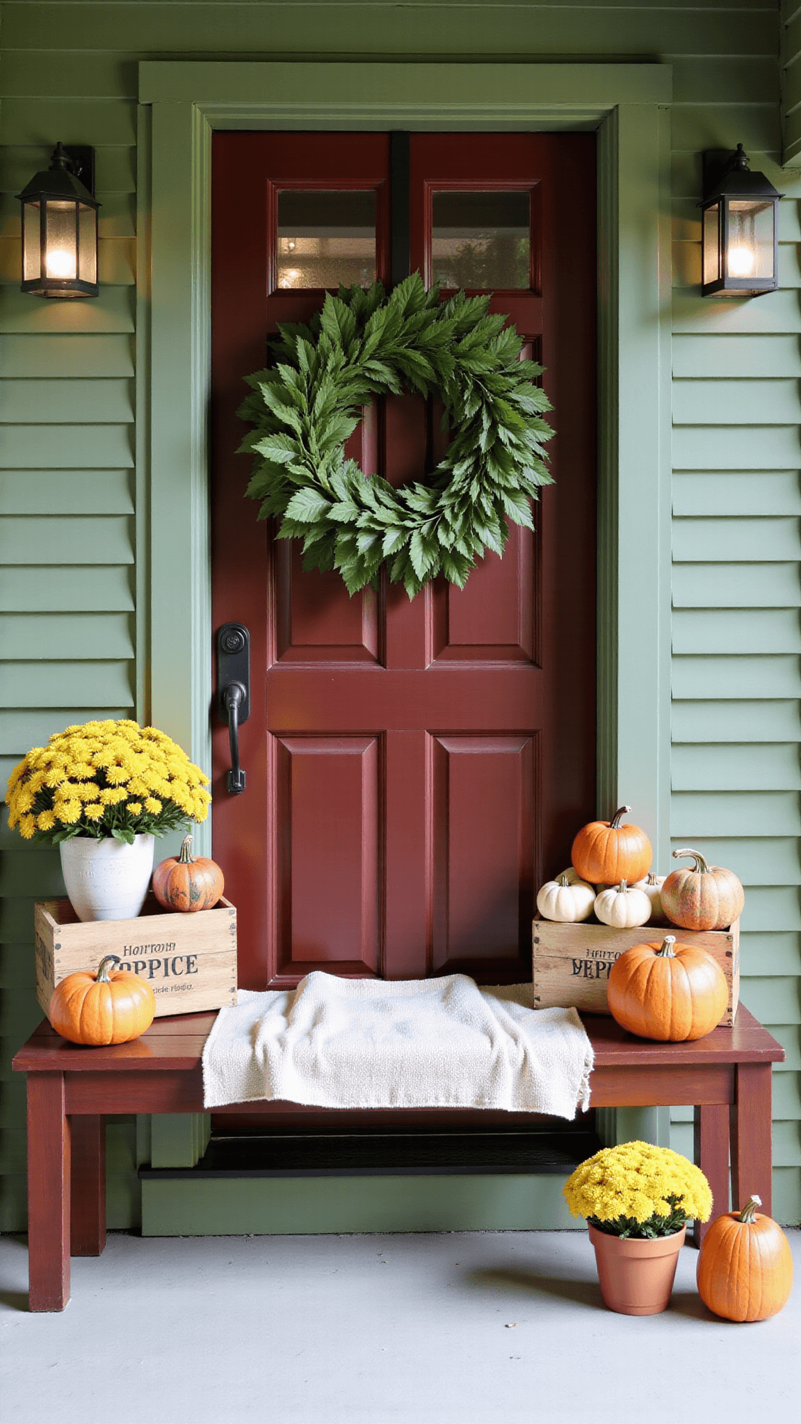 Craftsman-style door entrance with mahogany frame, sage green trim, preserved leaf wreath, stacked apple crates with heirloom pumpkins, and copper mums in terra cotta under pergola light.
