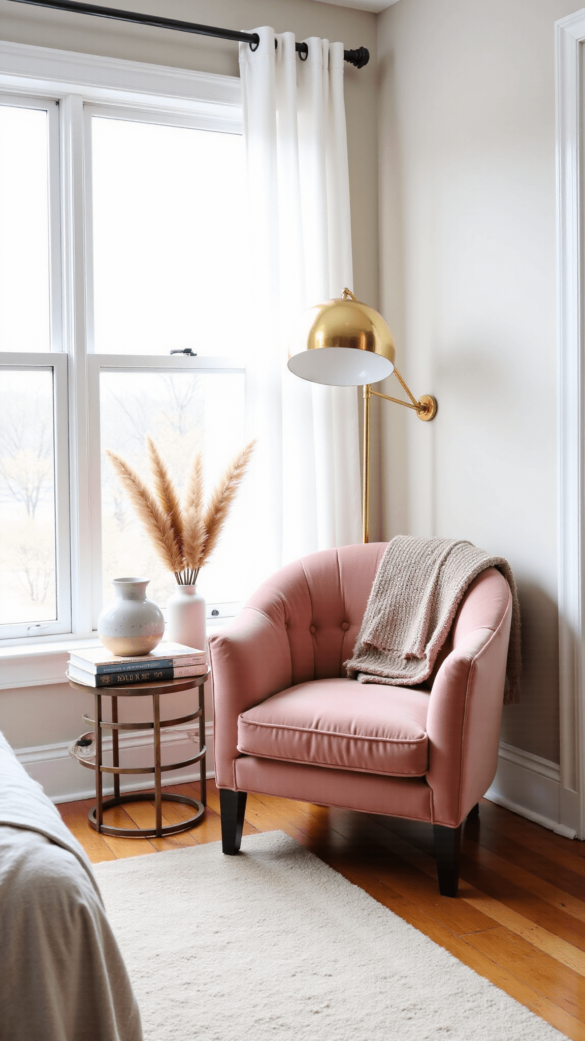 Bright blush pink reading nook in sunlit 12x14ft bedroom with floor-to-ceiling windows draped in white linen curtains. The corner includes a dusty rose velvet chair, brass floor lamp, vintage books, ceramic vase with pampas grass, and chunky knit throw on a cream wool rug, all bathed in a golden hour glow.