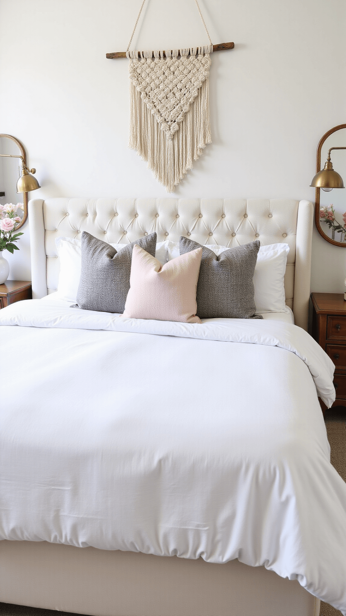 Dreamy bedroom in morning light with white duvet, textured pillows, macramé wall hanging, ceramic pendant lights, and an antique brass mirror.