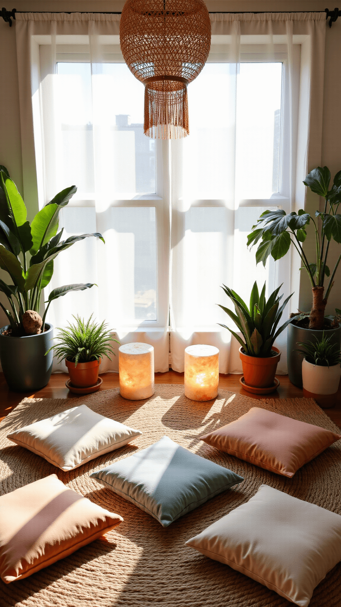 Bird's eye view of a serene, geometrically arranged meditation space at dawn featuring floor cushions on a jute rug, surrounded by potted plants and Himalayan salt lamps, with diffused early morning light coming through white sheer curtains and a rattan pendant casting intricate shadows.