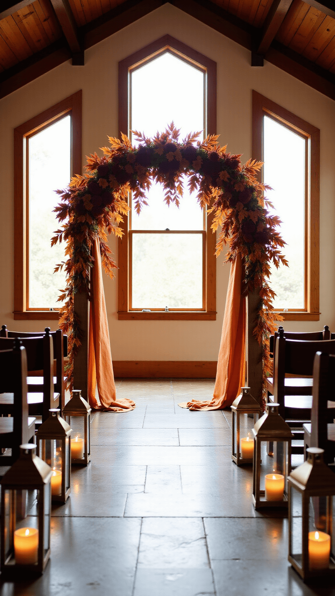 Low angle shot of a rustic wooden arch decorated with burgundy dahlias, orange maple leaves and amber silk ribbons in a chapel with exposed wooden beams during golden hour.
