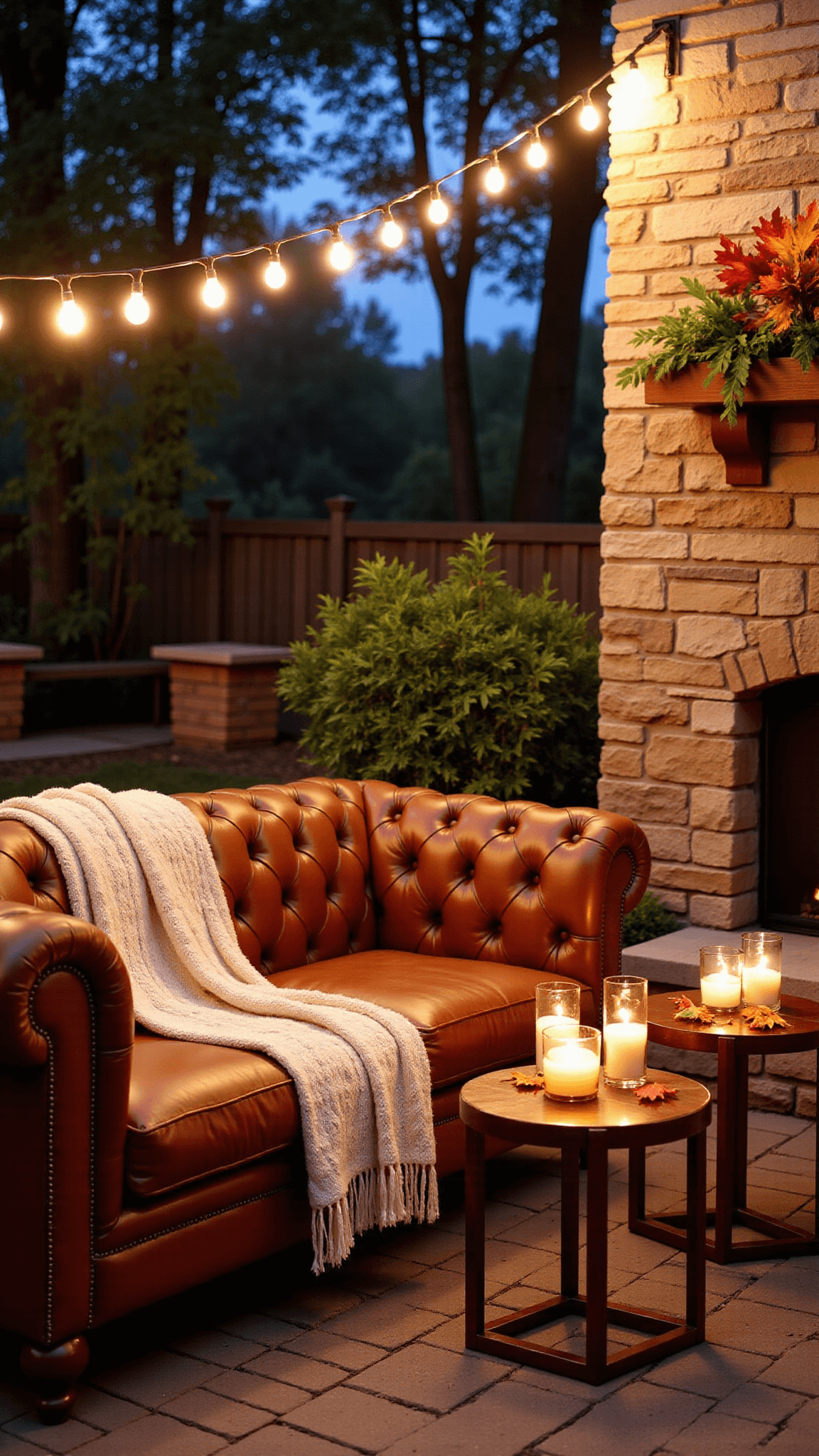 Cozy outdoor terrace corner at dusk with stone fireplace, vintage Chesterfield sofa, copper side tables, market lights, and warmth firelight casting shadows.
