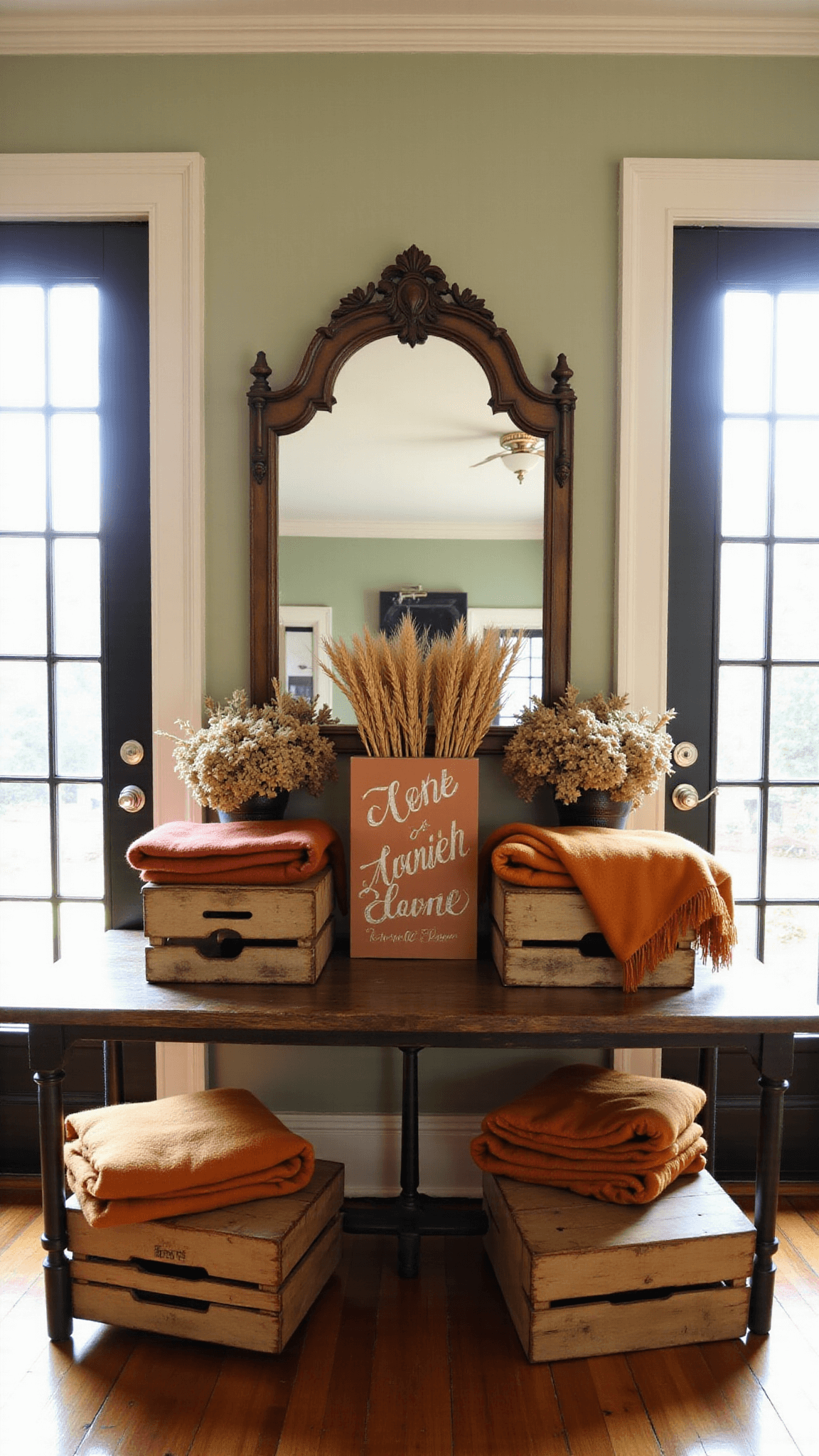 Historic mansion foyer with high coffered ceiling, vintage table, antiqued mirror, wooden crates filled with blankets, copper welcome sign, dried plants, and morning light streaming through windows.