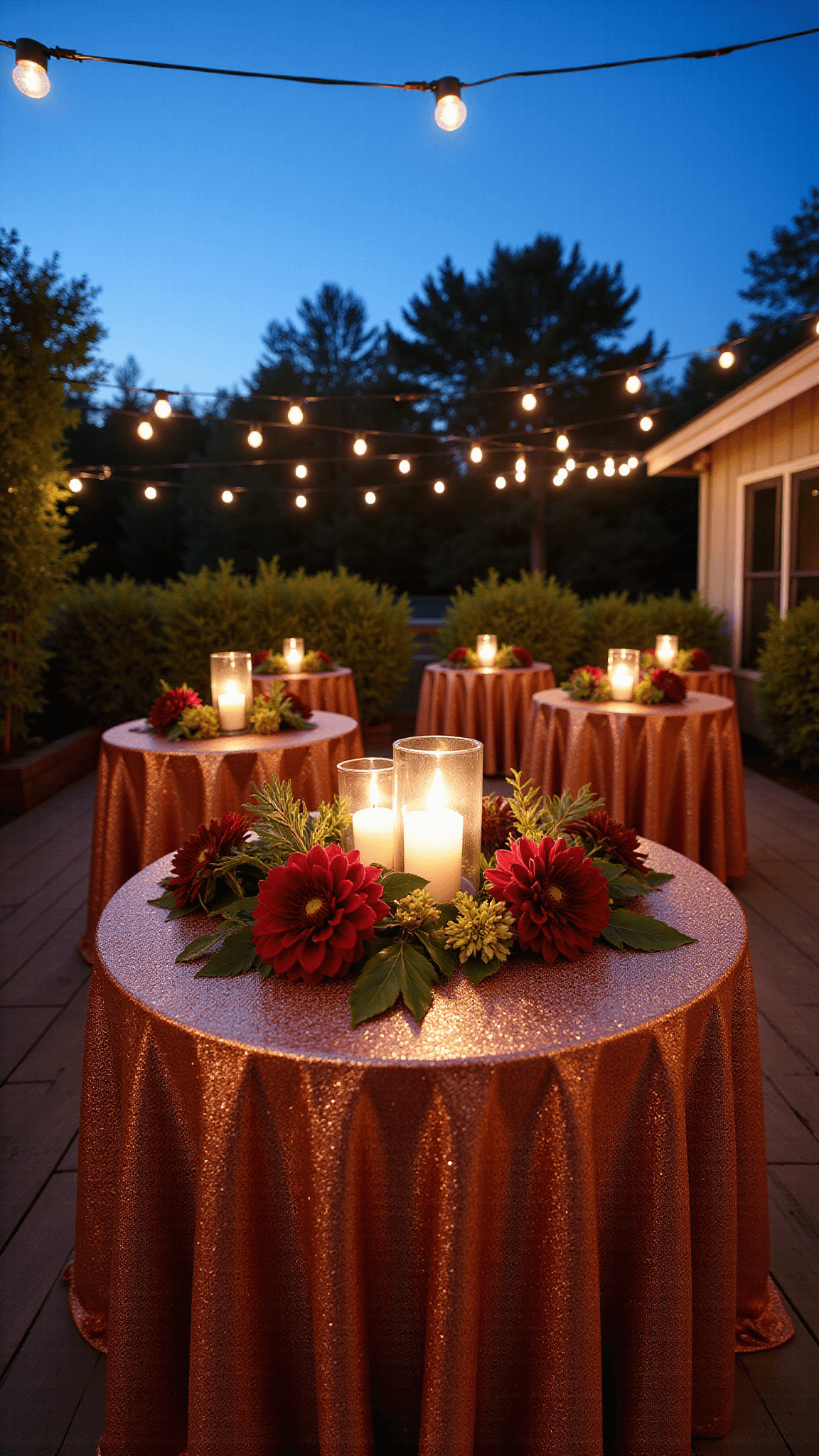 Twilight garden terrace with string lights, high-top tables with copper sequin linens, mercury glass candles and floral arrangements featuring dahlias and ranunculus in burgundy and rust tones.