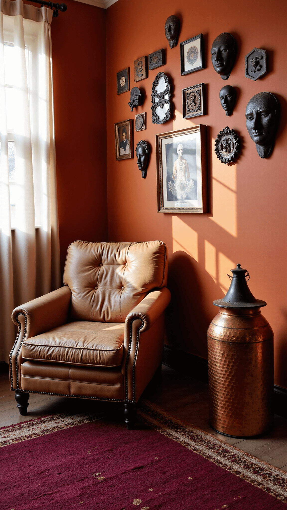 Vintage gallery wall with tribal masks and vintage frames on a terracotta wall, leading to a leather armchair with a copper table and Moroccan lantern casting shadows in a 12x12ft late afternoon-lit space.