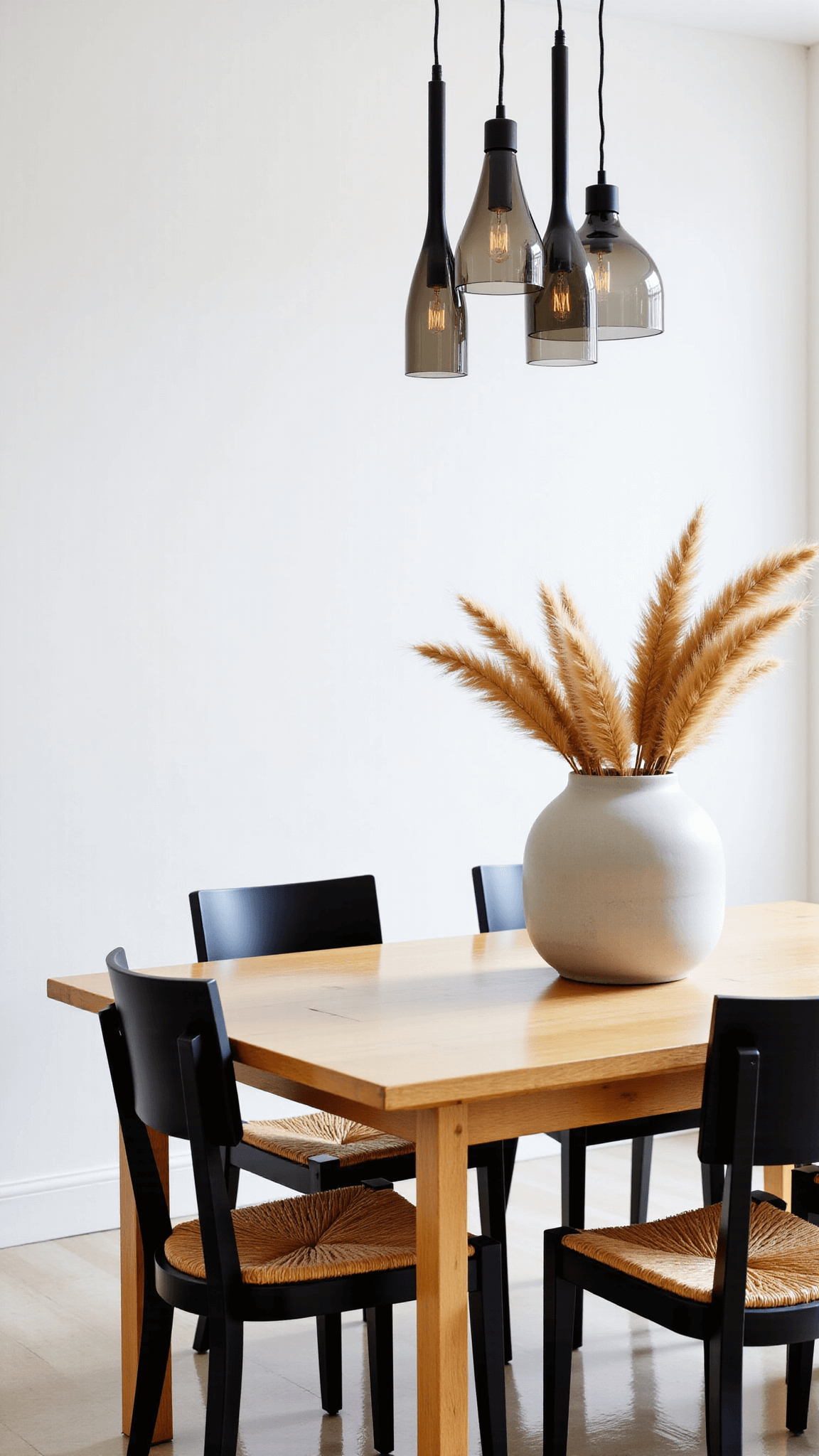 Elevated view of a tranquil dining space with morning light highlighting a solid oak table, minimalist black chairs with woven cord seats, a large ceramic vessel with dried pampas grass, and a pendant lamp cluster of smoke glass and matte black metal in mixed heights.