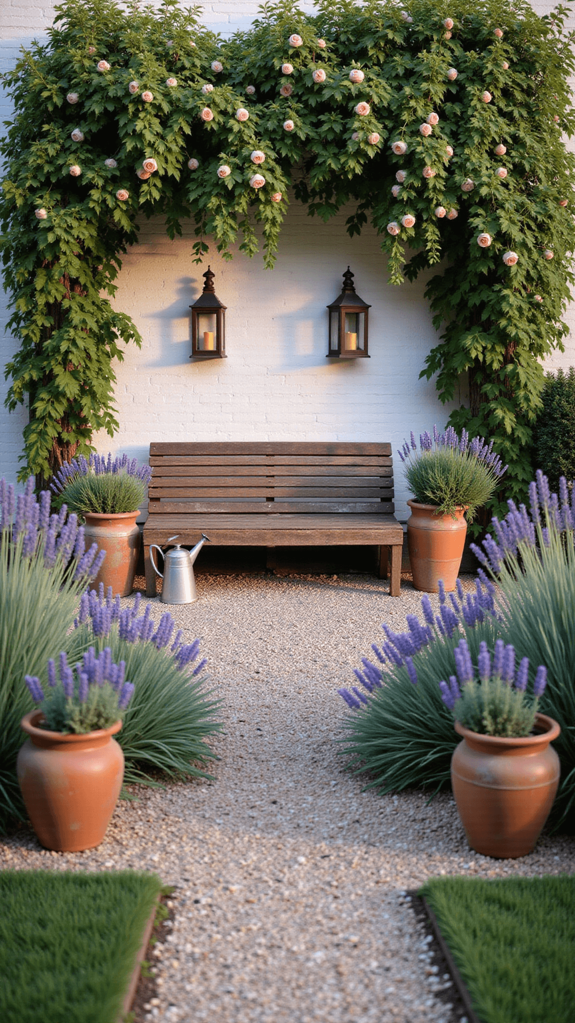 Vintage wooden bench in serene farmhouse garden at golden hour, decorated with climbing roses, wisteria, lavender, and sage in pots, with a gravel pathway leading to it and copper lanterns providing ambient glow.