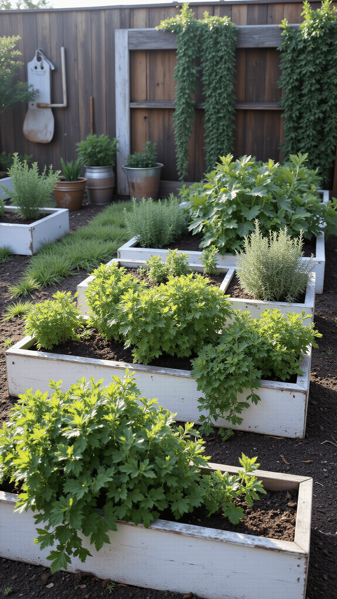 Elevated view of a sunlit herb garden with dew-kissed oregano, thyme and mint in white painted wooden beds, vintage tools on a reclaimed ladder, and galvanized containers with trailing rosemary in a morning mist.