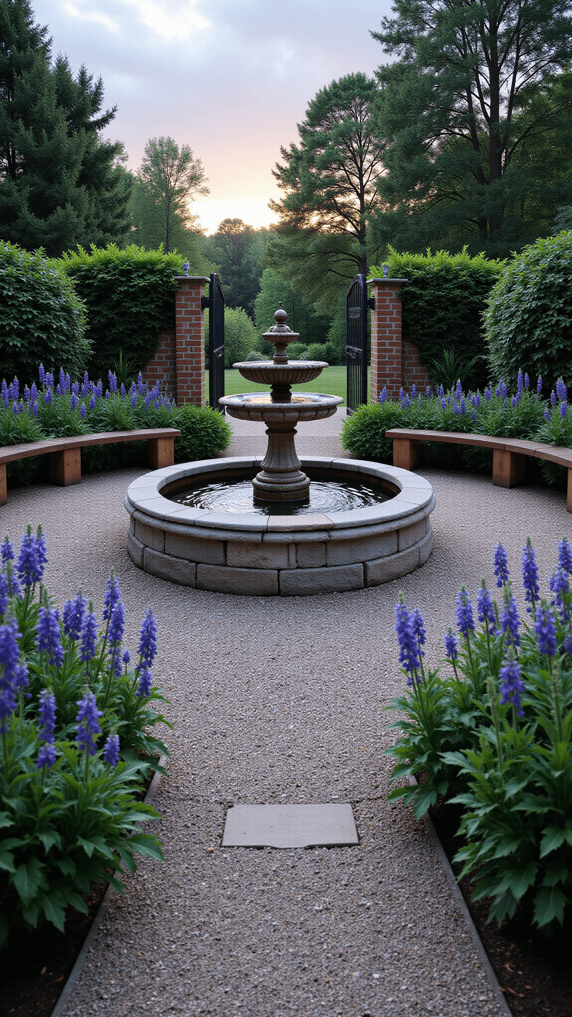 Dramatic dusk shot of a majestic stone fountain in a circular garden room surrounded by vibrant delphiniums, foxgloves, and climbing clematis in aged copper planters, with curved wooden benches, iron garden gates, and radiating gravel paths.