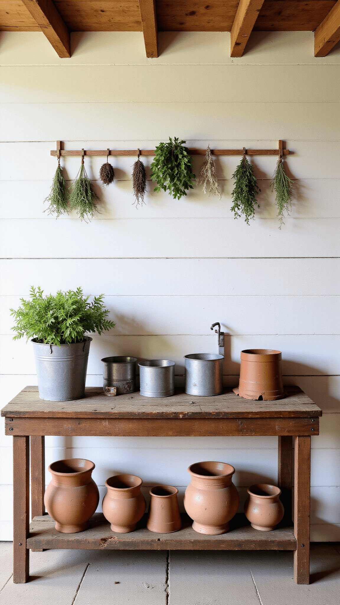 Rustic potting station with vintage terracotta pots and zinc containers against a whitewashed barn wall, under dried herbs hanging from beams