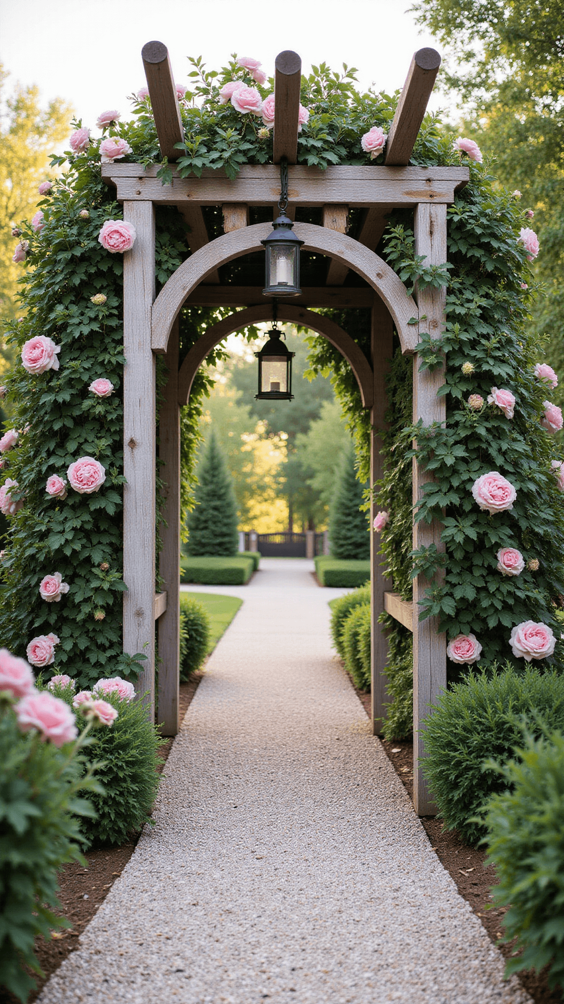 Sunrise garden shot with a handcrafted wooden arbor, vintage metal lanterns, wooden obelisks and flowering vines, under a soft color palette of weathered greys, pinks, and whites