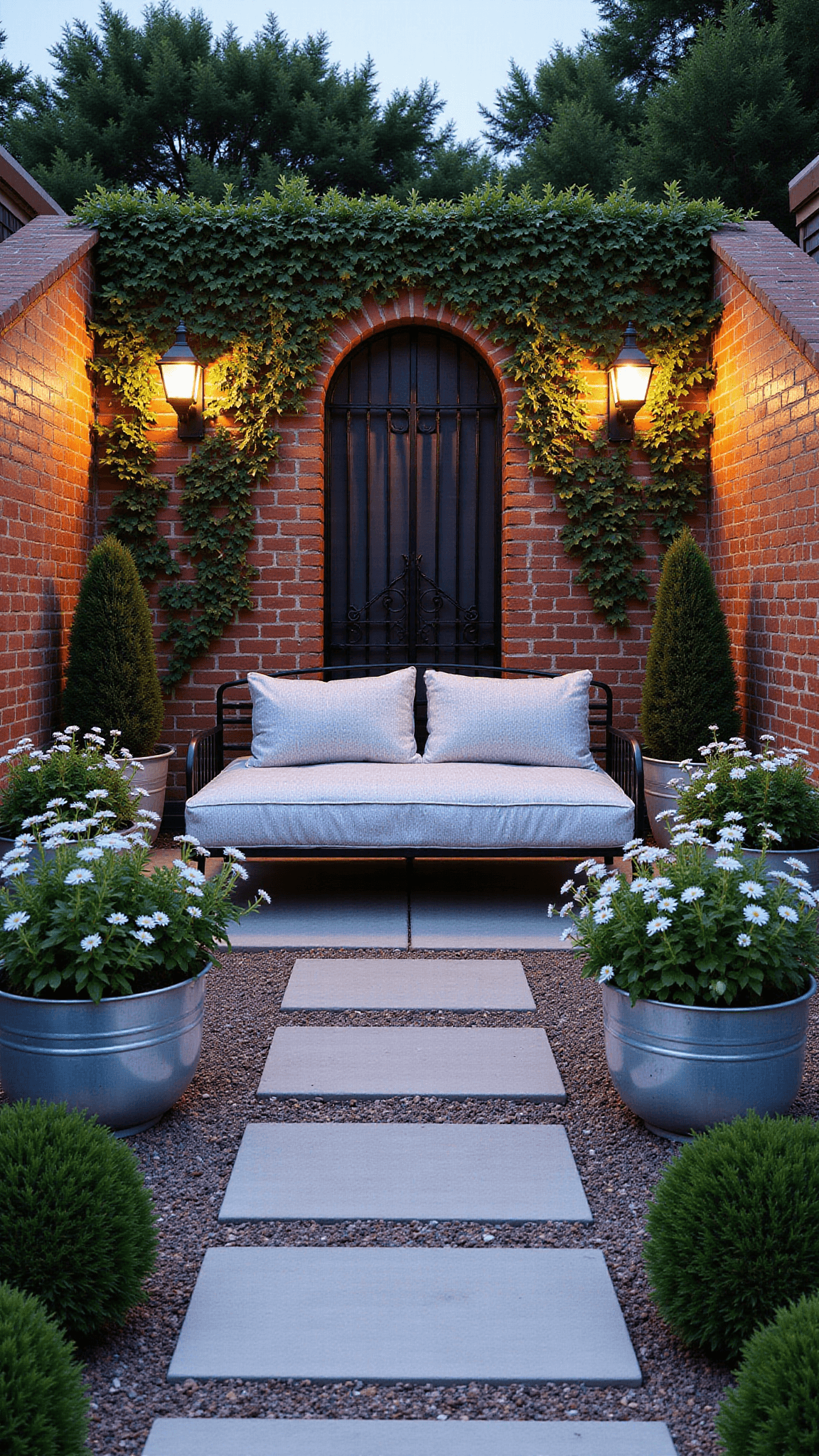 Antique metal daybed in a walled garden under soft uplighting, surrounded by espaliered fruit trees on weathered brick walls, zinc planters with white flowers, on a crushed limestone path, with wrought iron gates under twilight evening atmosphere.