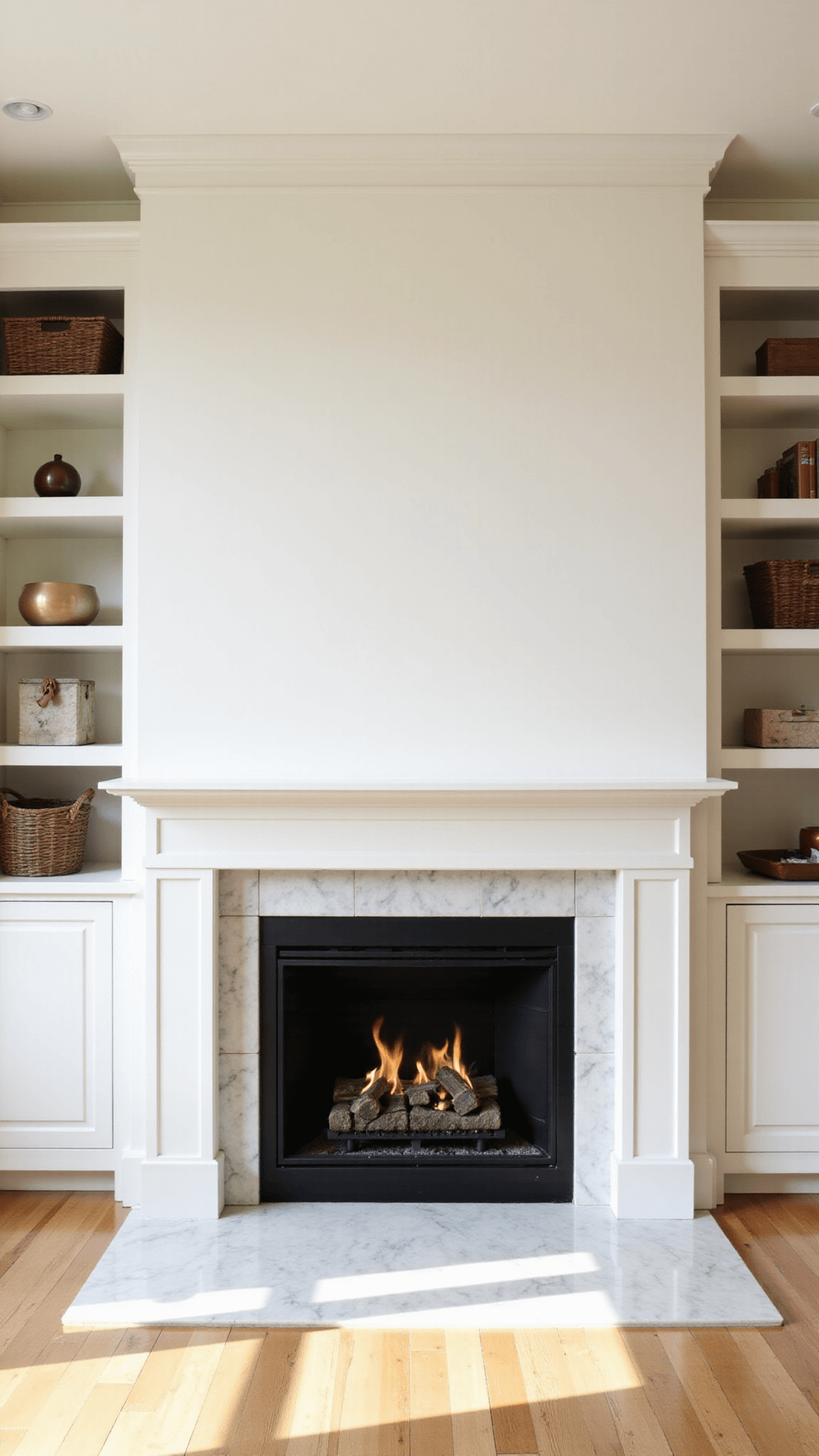 Sunlit modern living space with white minimalist built-ins around a sleek gas fireplace, styled shelves, and marble hearth reflecting natural afternoon light.