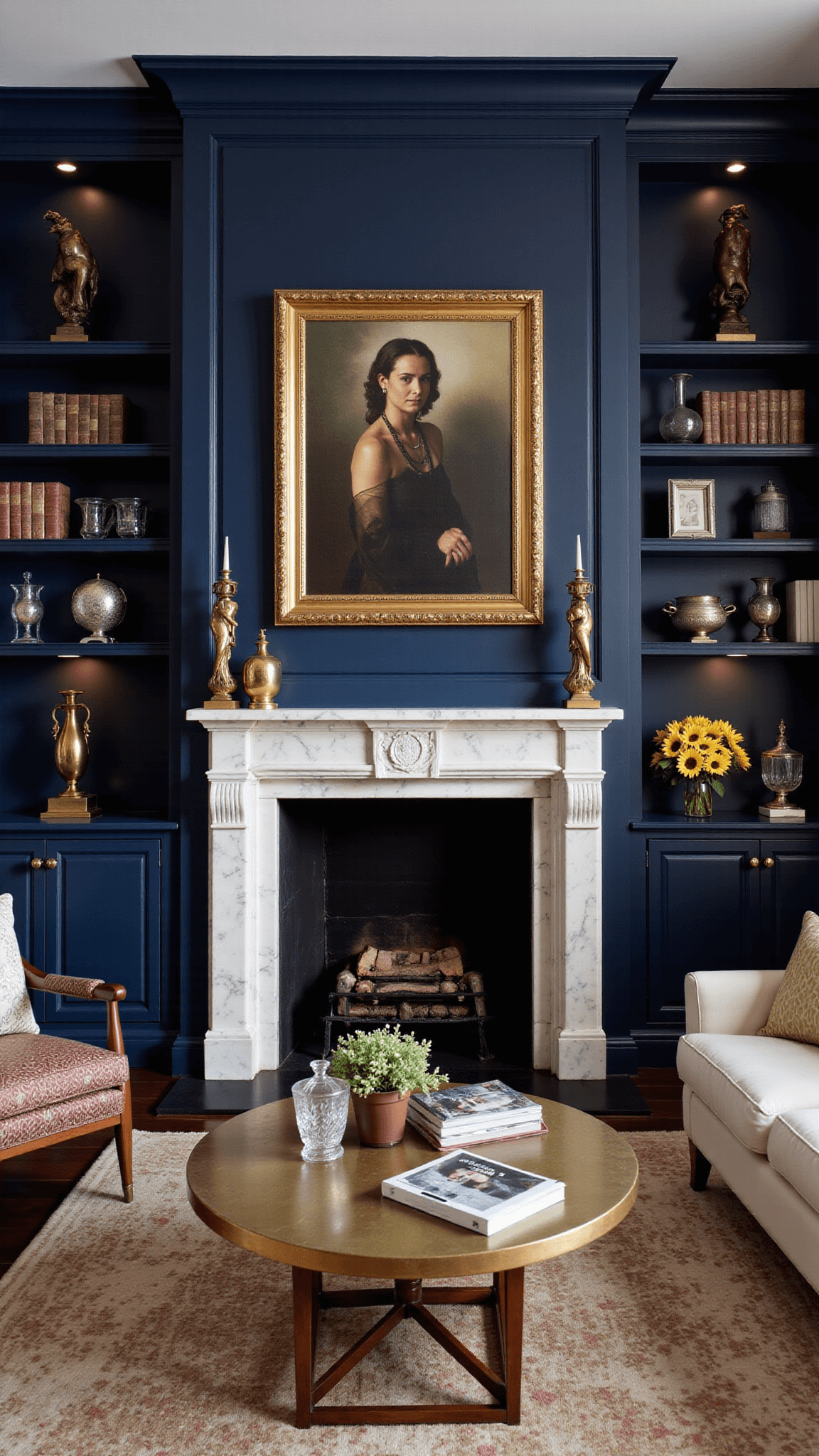 Elegant 20x24ft great room with navy blue built-ins, marble fireplace, and illuminated collections of brass sculptures, crystal decanters, and antique silver in rich jewel tones and metallic accents.