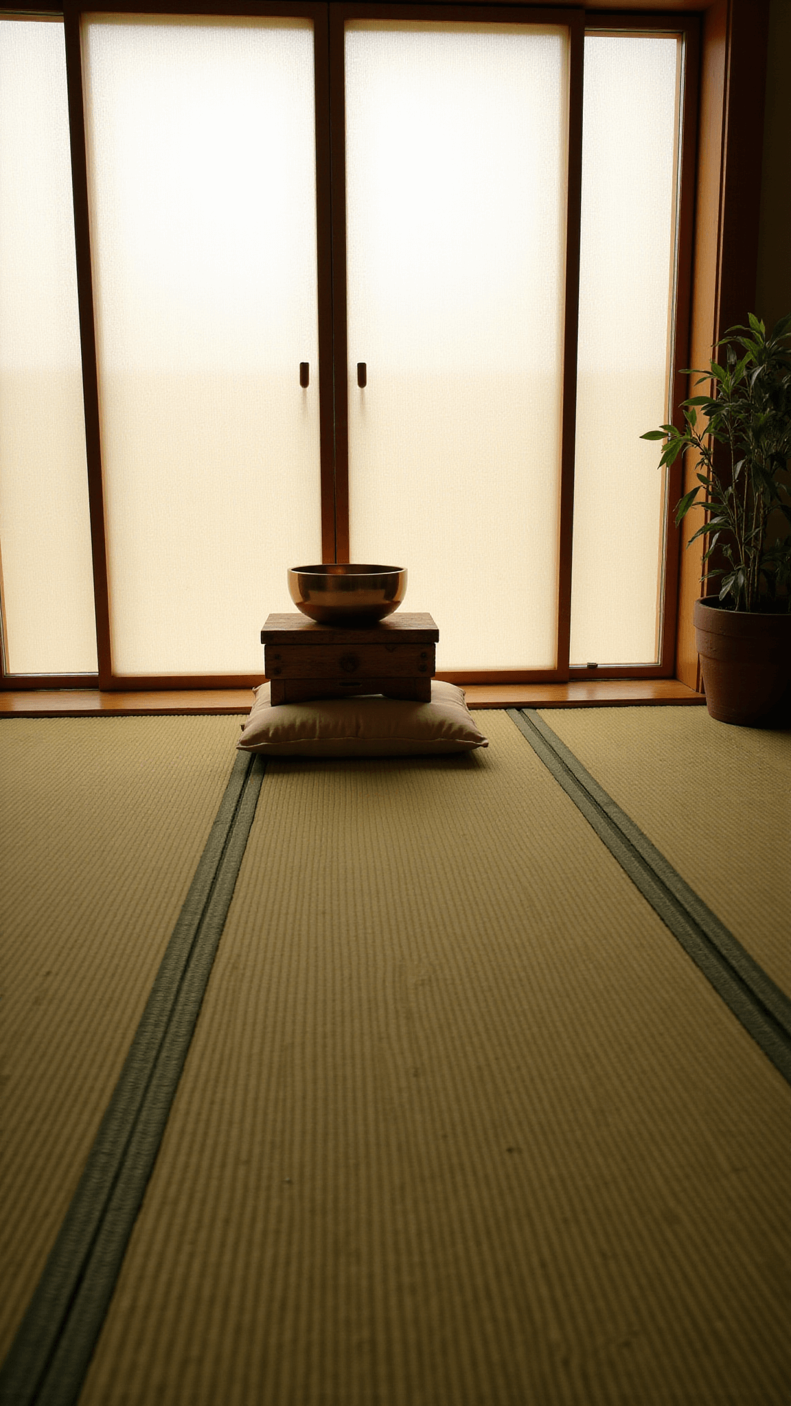 Dawn light illuminating a tranquil 12x12ft meditation room with traditional tatami mats, rice paper window coverings, bamboo plant, simple altar with a brass singing bowl, and natural linen meditation cushion.