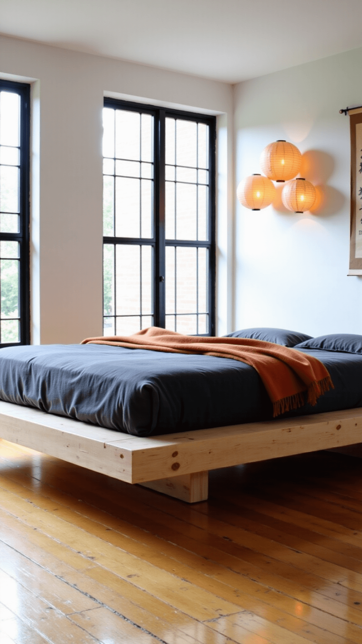 Modern minimalistic bedroom with a bleached oak platform bed, charcoal linen bedding, a rust-colored throw, and paper lanterns, flooded by afternoon light through black metal grid windows softened by sheer white curtains.