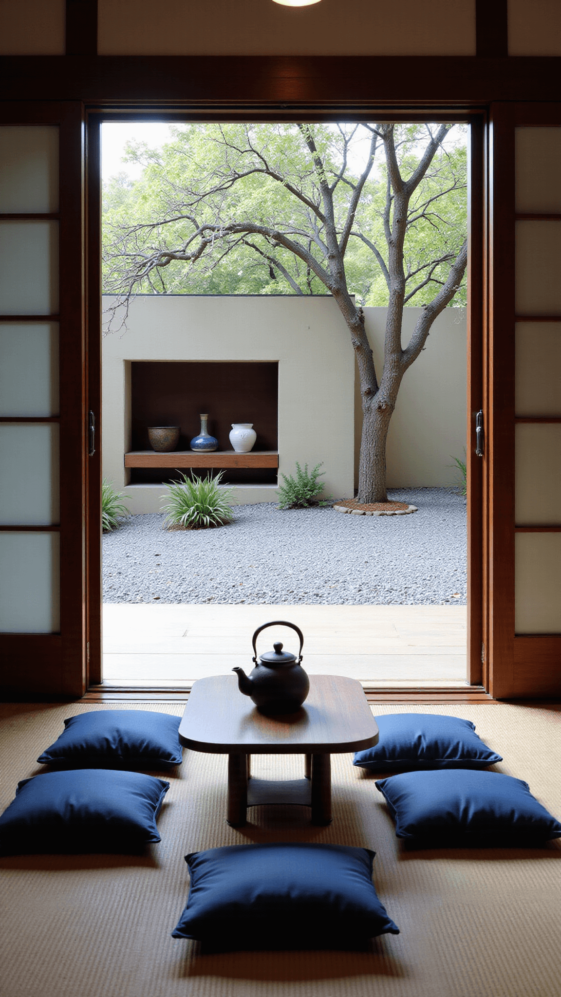 Traditional Japanese tea room with open glass panels overlooking a zen garden, low wooden tea table, indigo cushions, antique kettle, wabi-sabi ceramics in an alcove, in afternoon lighting.