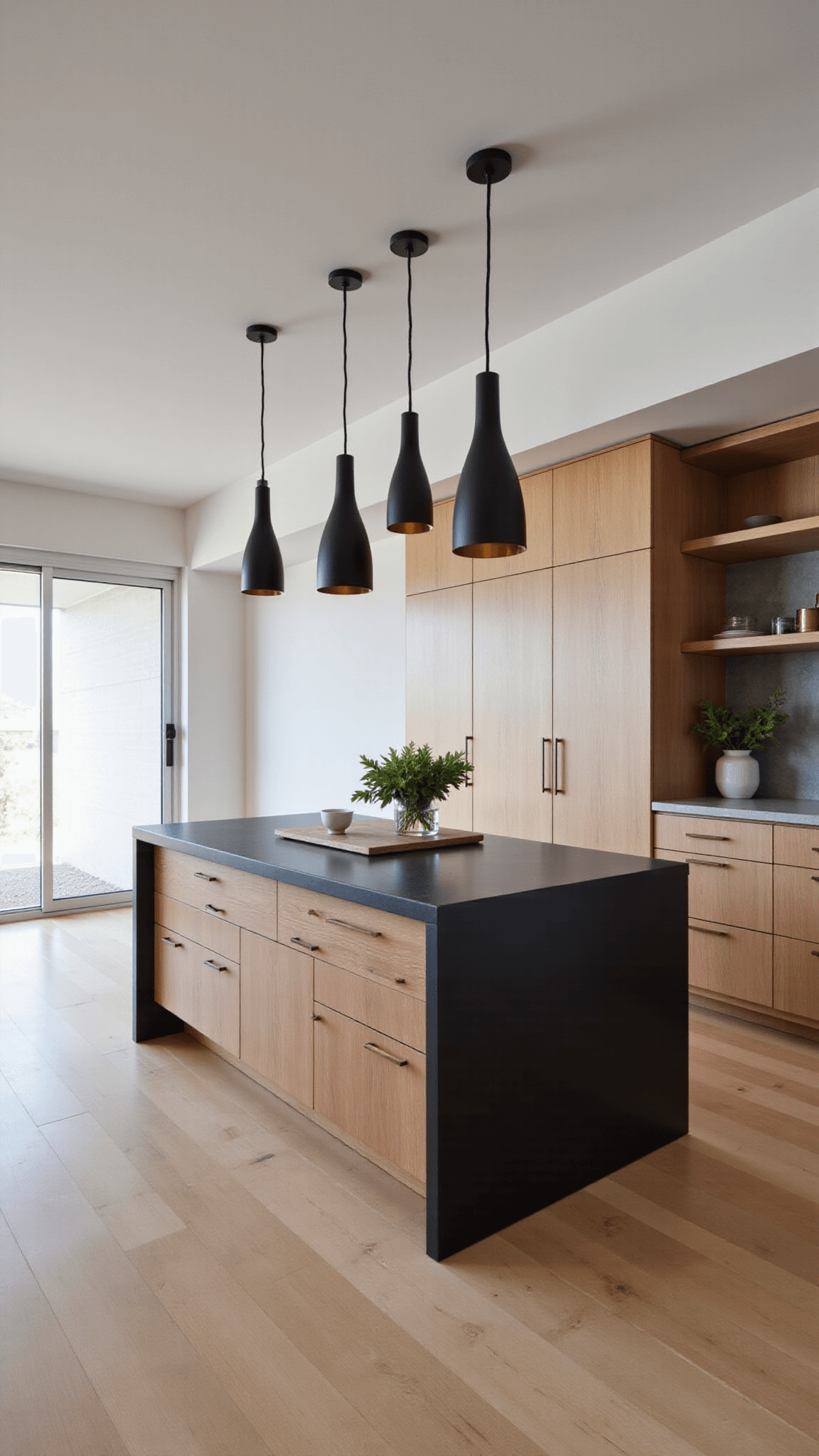 Open-concept kitchen with Japanese design elements, blackened steel and hinoki wood island, white oak storage, ceramic pendant lights, stone countertops, captured in an overhead shot in morning light.