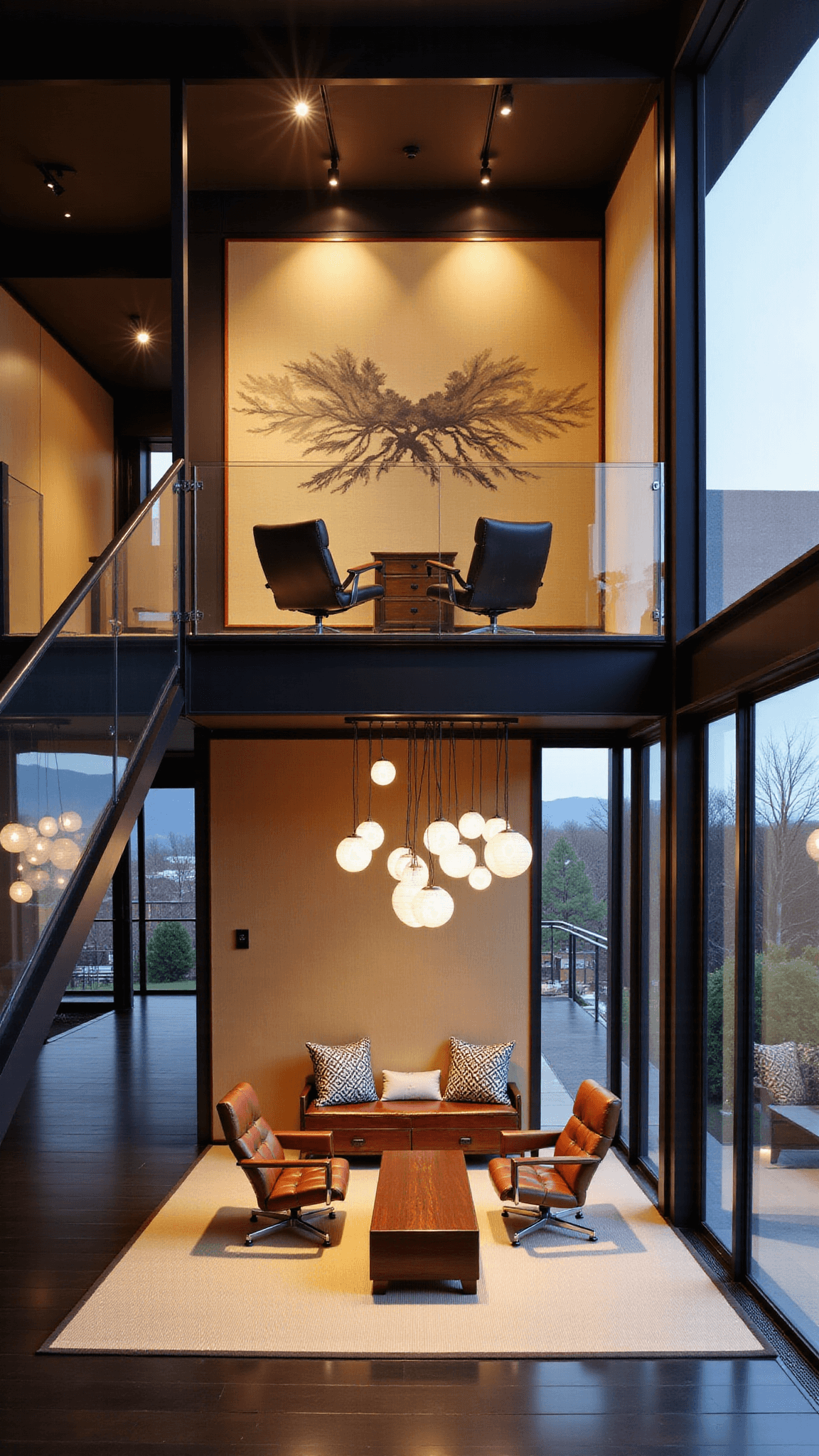 Multi-level living space with upper level tatami room with hand-painted sliding fusuma panels, blackened steel and glass floating staircase, lower level modern seating area, vintage tansu chest, and pendant light installation of paper spheres. Evening light adds intimate atmosphere.