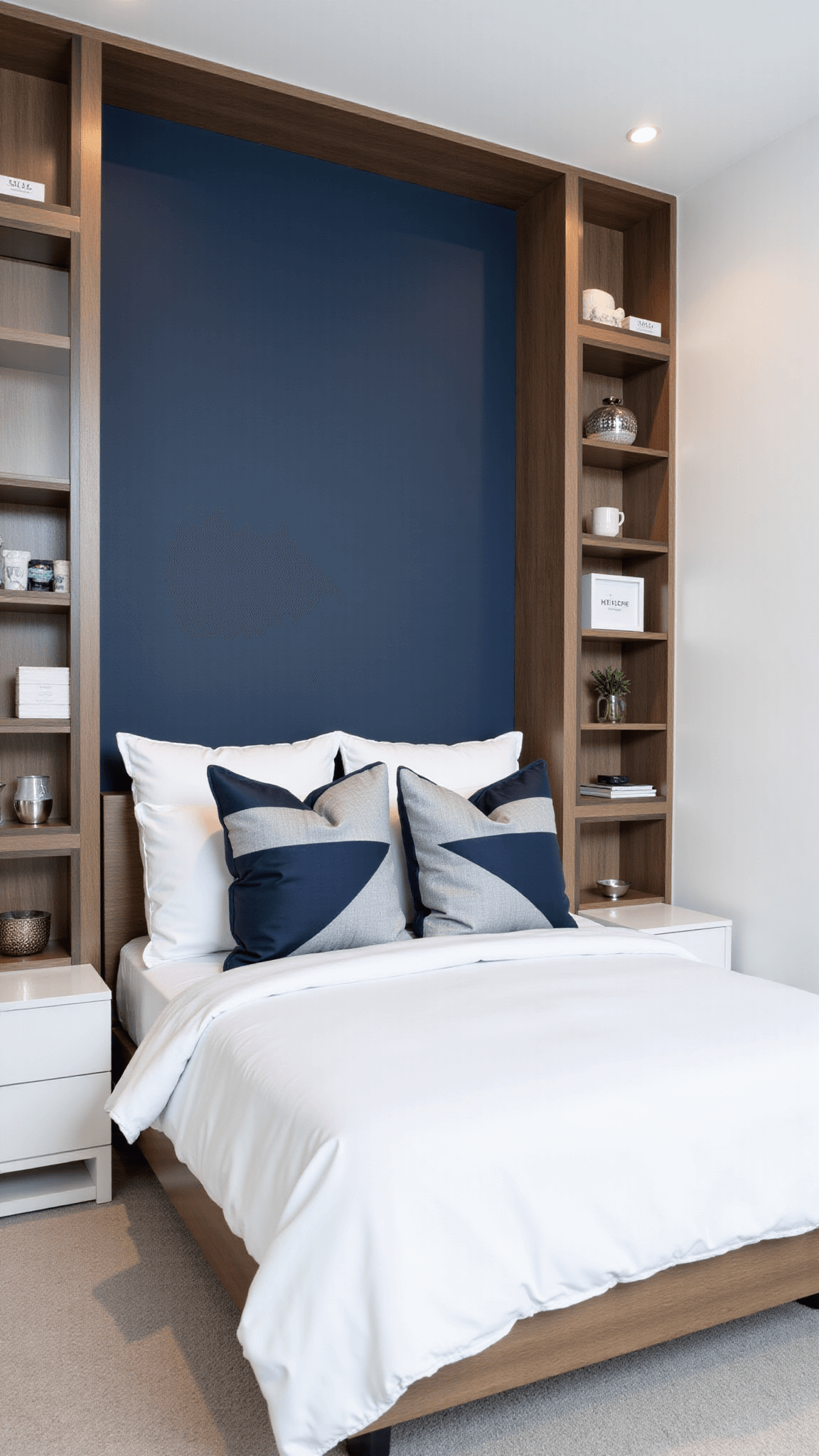 Bright and spacious 9x12ft bedroom featuring a queen bed with hotel-style bedding, navy accent wall with floating shelves, mounted bedside tables, modern art, and hidden tech storage.