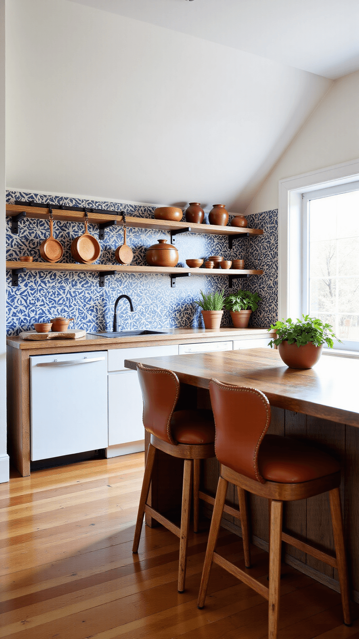 Overhead view of a rustic kitchen alcove with barrel-vaulted ceiling, geometric patterned backsplash, hanging copper pots, oak shelving with pottery, bar stools at a wooden island, and herbs in terra cotta pots by the window.