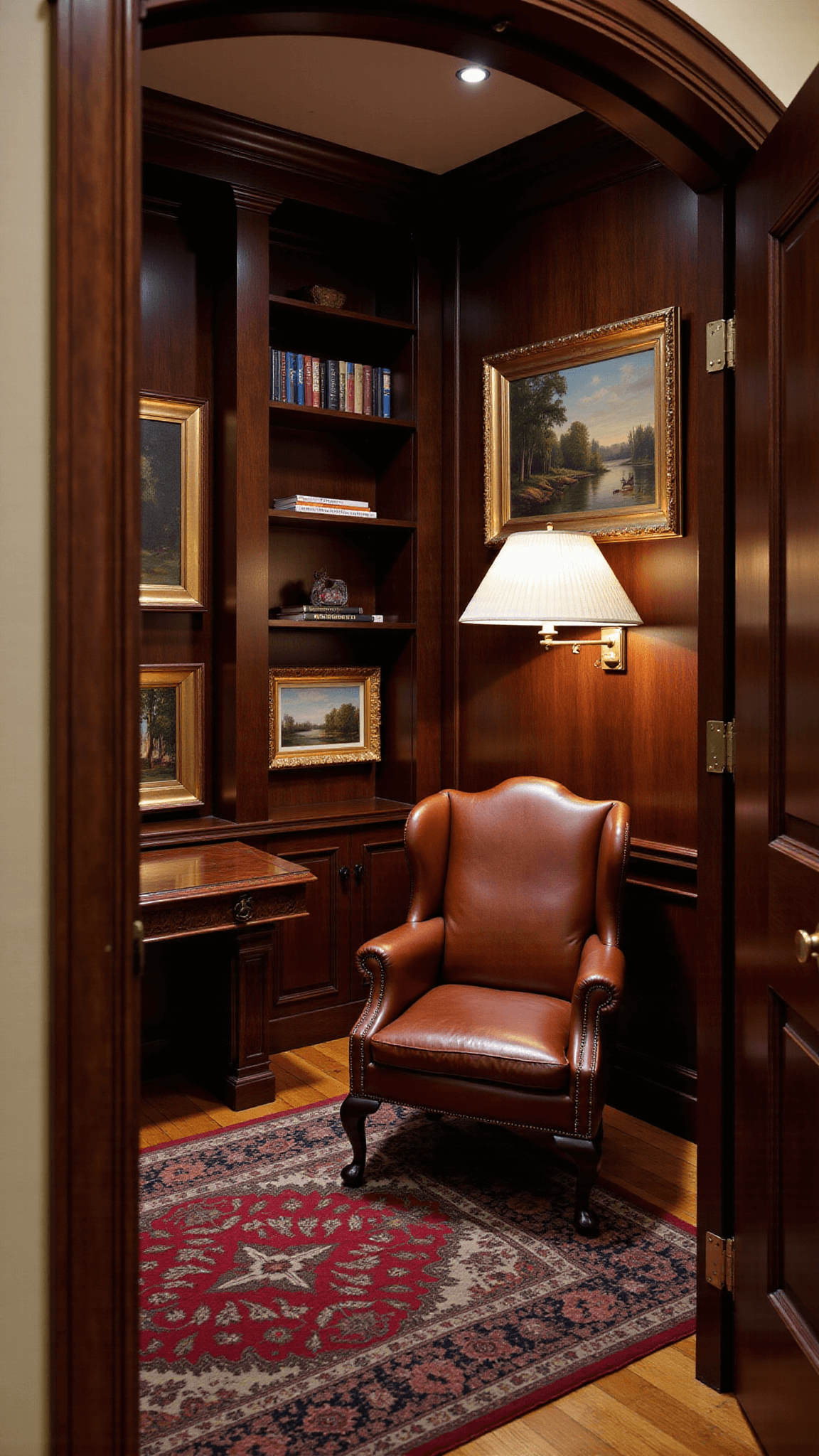 Cosy late evening study nook with dark walnut paneling, arched bookshelf, vintage wingback chair, brass lamp, Moroccan rug, oil paintings, and antique desk in warm artificial lighting.