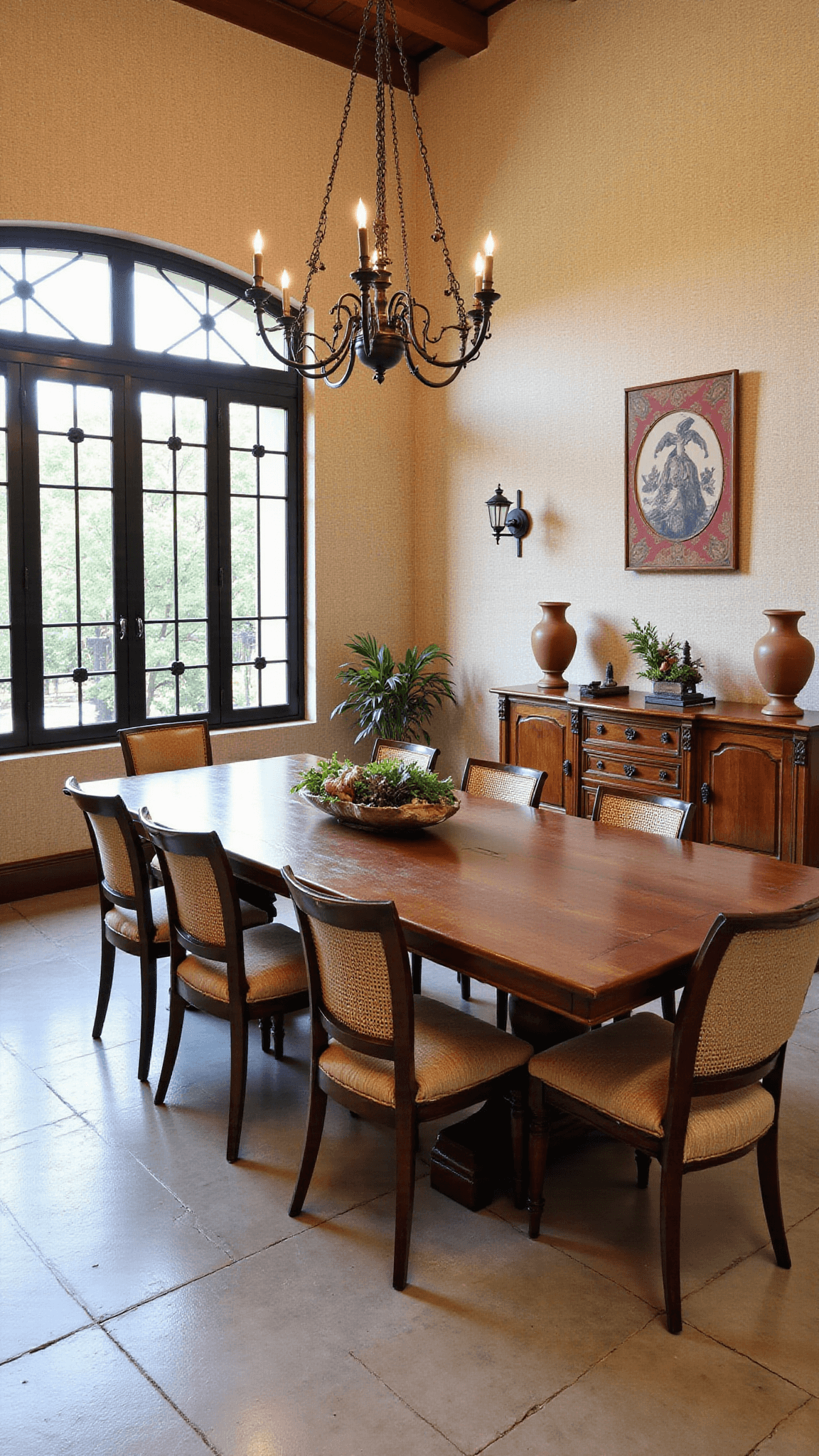 Bird's eye view of a rustic Mediterranean style dining room with limestone flooring, a carved wooden table, a mix of upholstered and woven chairs, antique buffet with terracotta urns, iron-framed windows and an oversized chandelier.