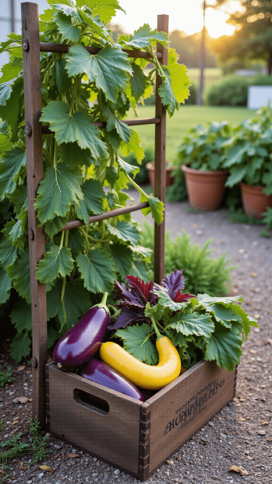 Golden hour garden shot showcasing a trellis with cucumber vines and a wooden crate of freshly-picked vegetables, with terra cotta pots along a gravel pathway, cast in warm hues with a dreamy background bokeh.