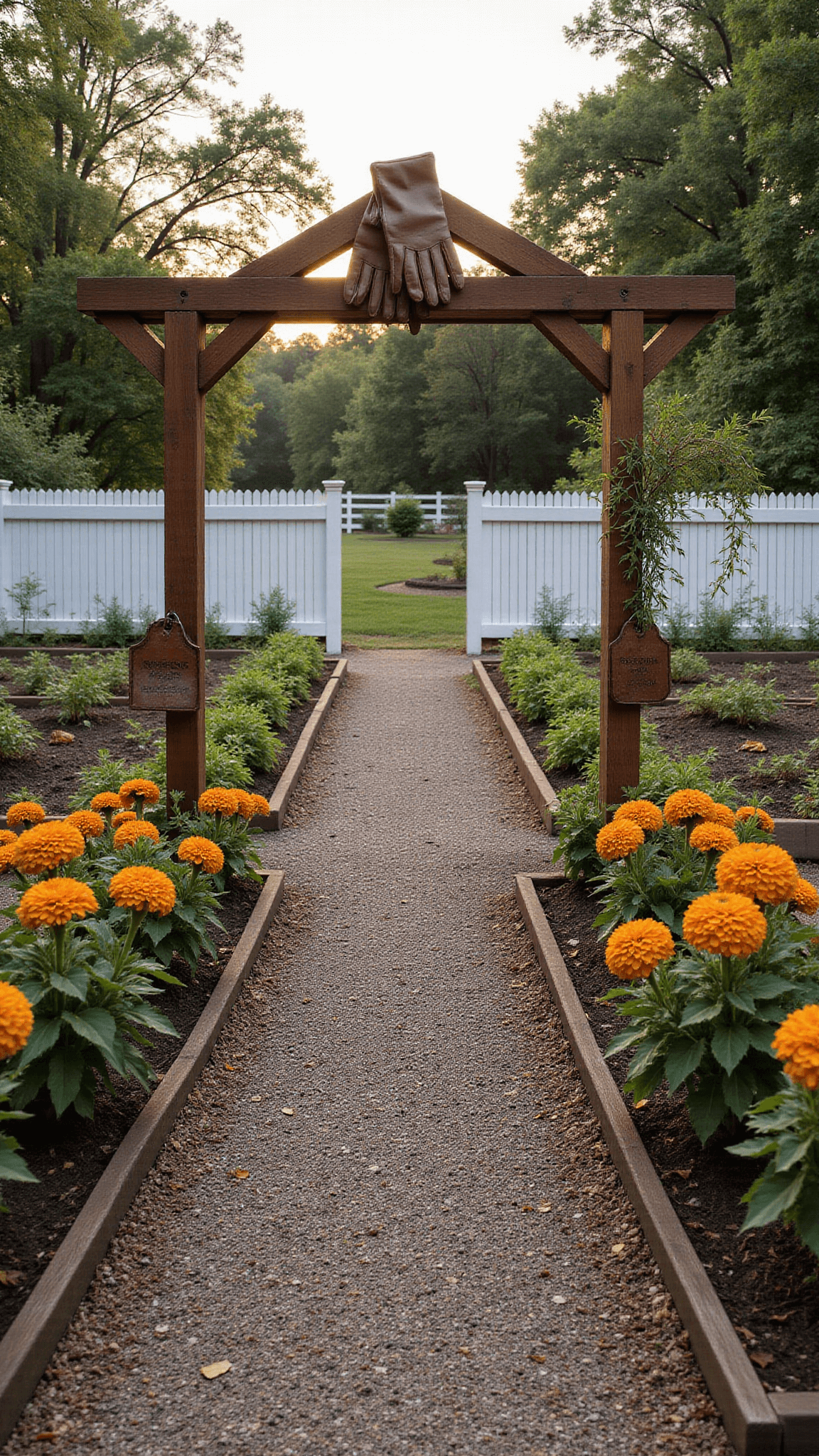 Sunrise view of a rustic 30x50ft homestead garden with white picket fence, geometric raised beds, vintage signs, and cedar obelisk, highlighted by morning dew on marigolds and tomatoes, shot in detailed wide angle.