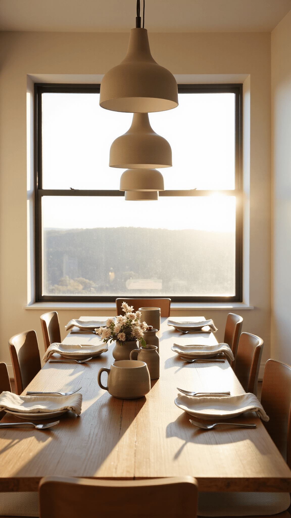 Sunset view of a minimalist 15x18ft dining room featuring triple hanging Japandi pendant lamps over a long wooden table, with handmade pottery settings, linen napkins, and brass flatware, in a palette of cream, wheat, and warm greys.