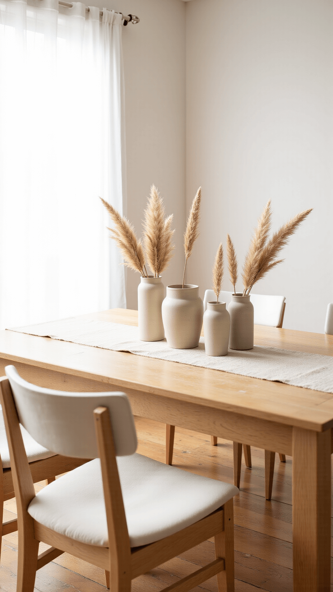 Bright and airy 14x16ft dining room with minimalist light oak table, cream accents, and handcrafted vases with pampas grass, shot during golden hour from an elevated angle.