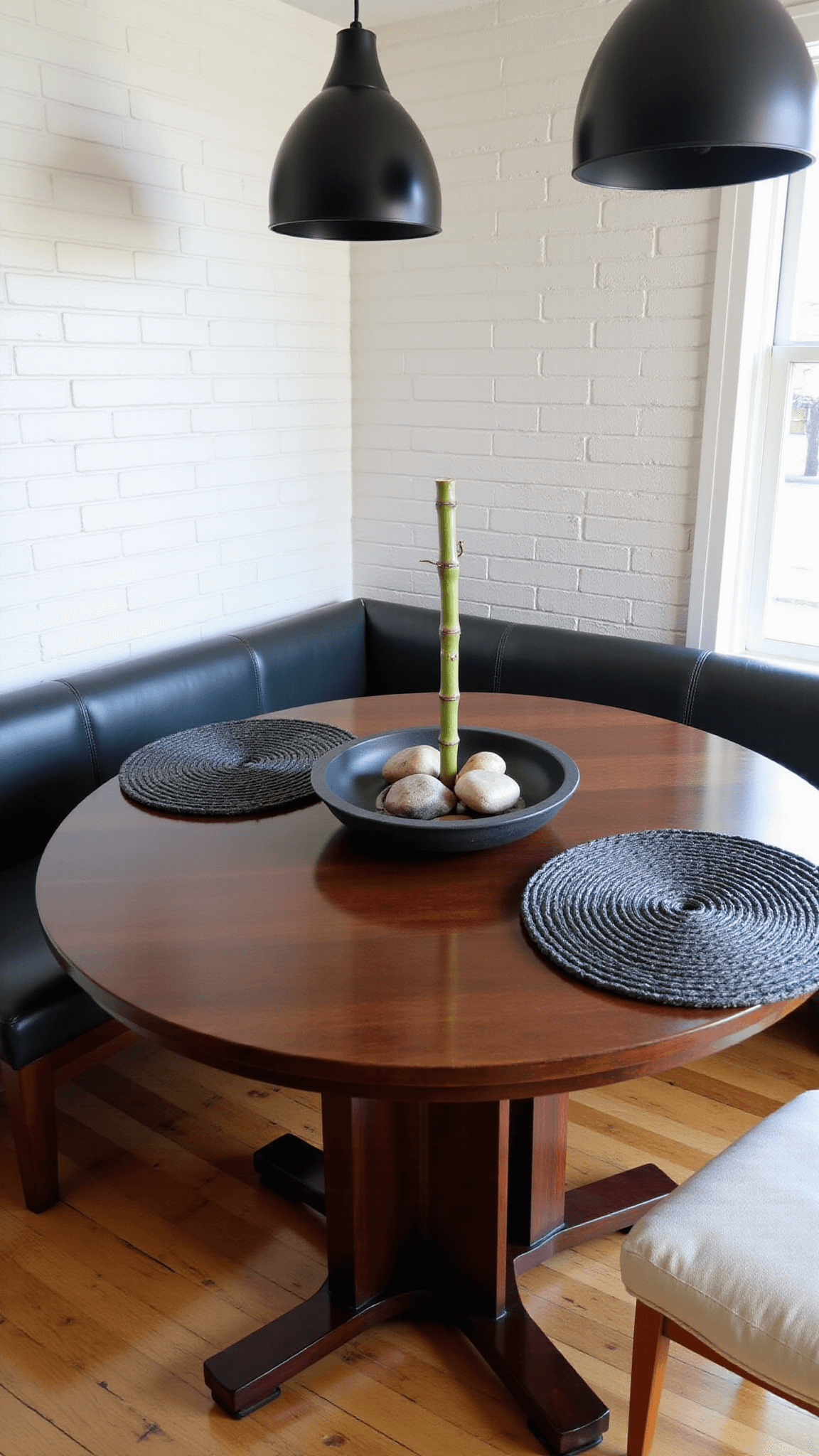 Corner view of a 12x12ft Japandi-style breakfast nook at dawn with a round walnut table against a white brick wall, pendant lights above, and a stone bowl centerpiece on charcoal placemats with morning shadows.