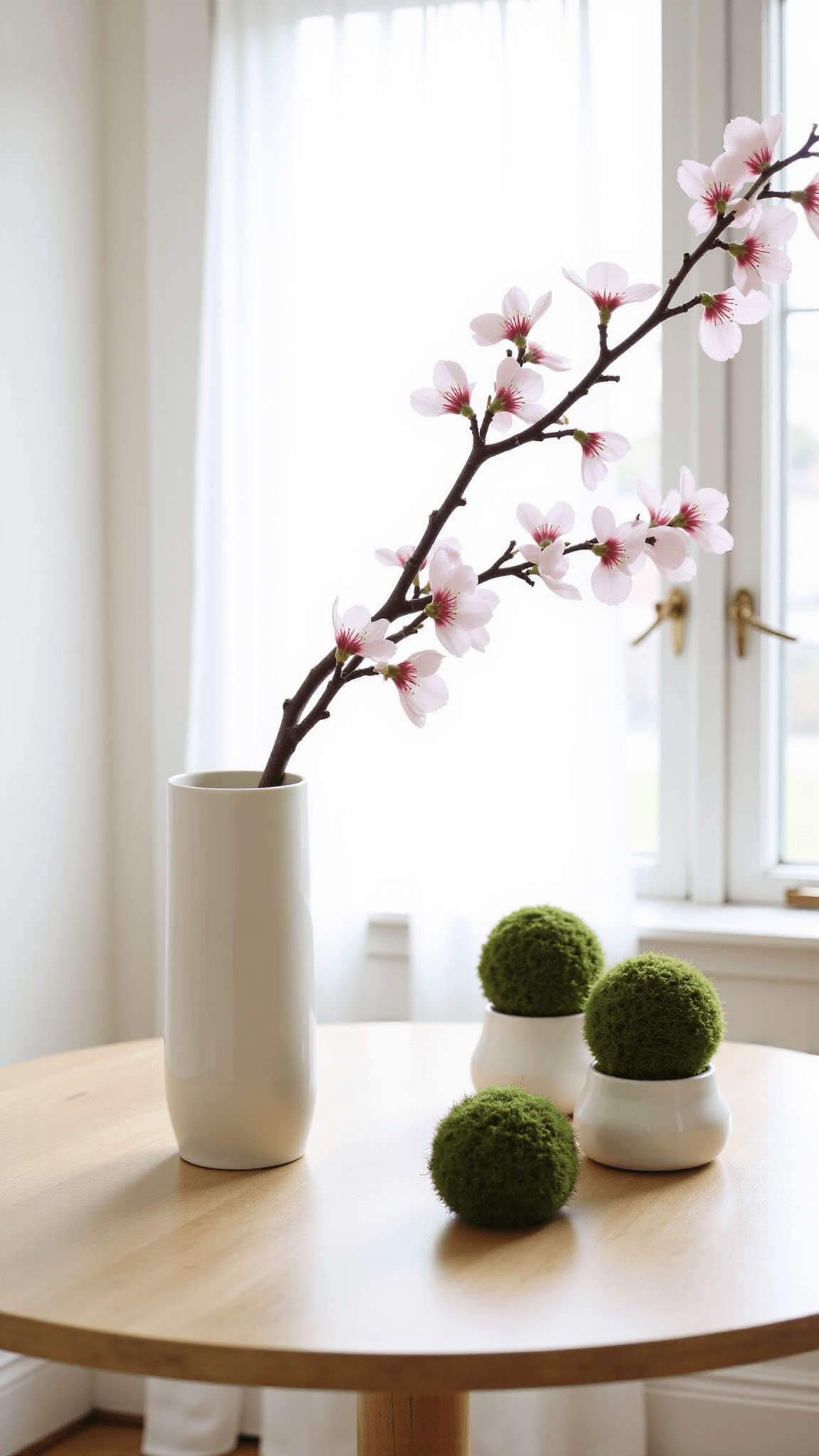Japandi spring arrangement on a pale ash dining table with a cherry blossom branch in a tall bone white vessel, moss balls in two smaller vessels, and early morning light filtering through sheer curtains
