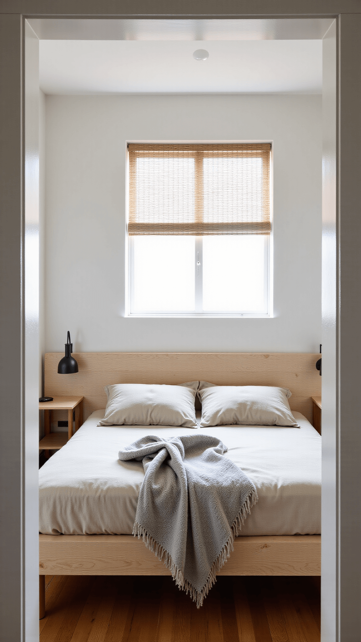 Intimate minimalist bedroom at dawn with soft light filtering through bamboo blinds, centered platform bed made of bleached oak with oatmeal-toned linen bedding, flanked by black metal sconces and embellished with a pale gray wool throw.