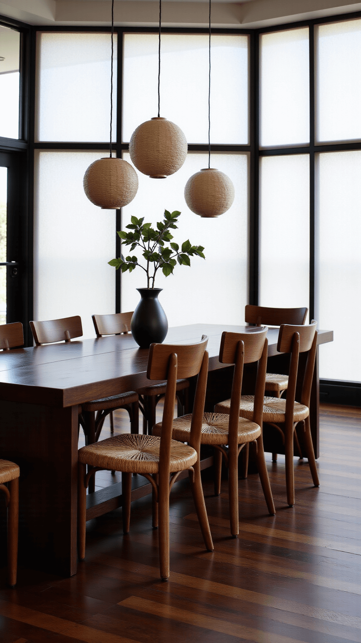 Monochromatic contemporary dining space at dusk, featuring a long black walnut dining table, curved wooden chairs with rush seats, and paper globe pendants.