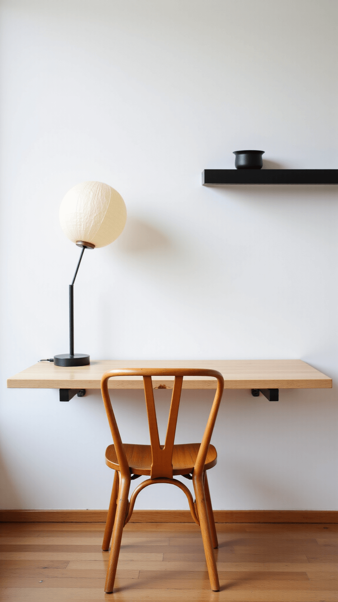 A Zen-inspired home office with a floating pale ash wood desk, Wegner wishbone chair, rice paper lamp, and minimalist black metal shelf holding a ceramic vessel in warm afternoon light.