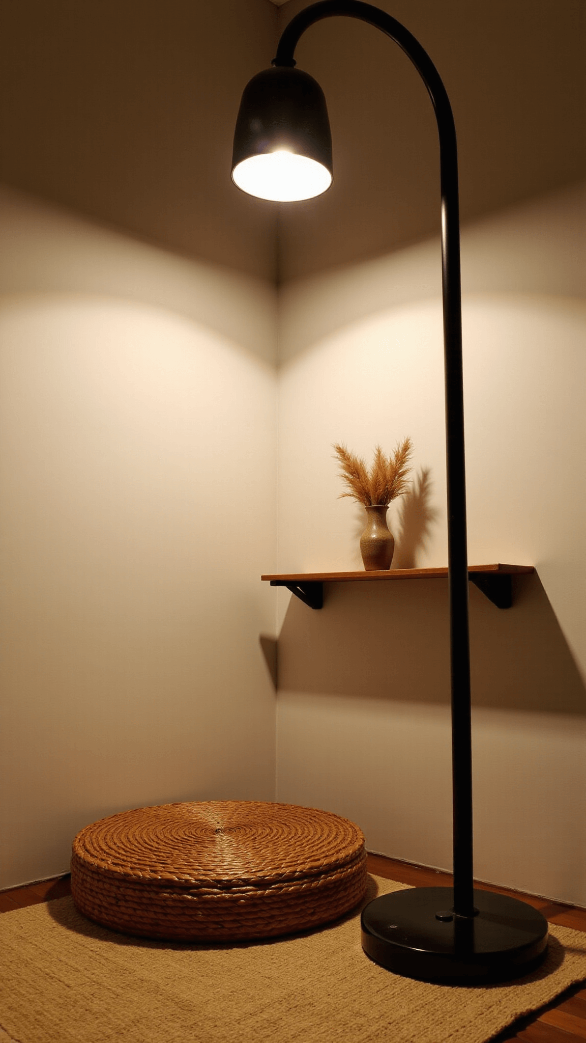 Twilight view of a tranquil meditation corner featuring a rattan floor cushion on a bamboo mat, a floor lamp casting a gentle light pattern, and a wooden shelf with a bud vase of dried pampas grass, all in a palette of sandy beige, gray, and bronze tones.