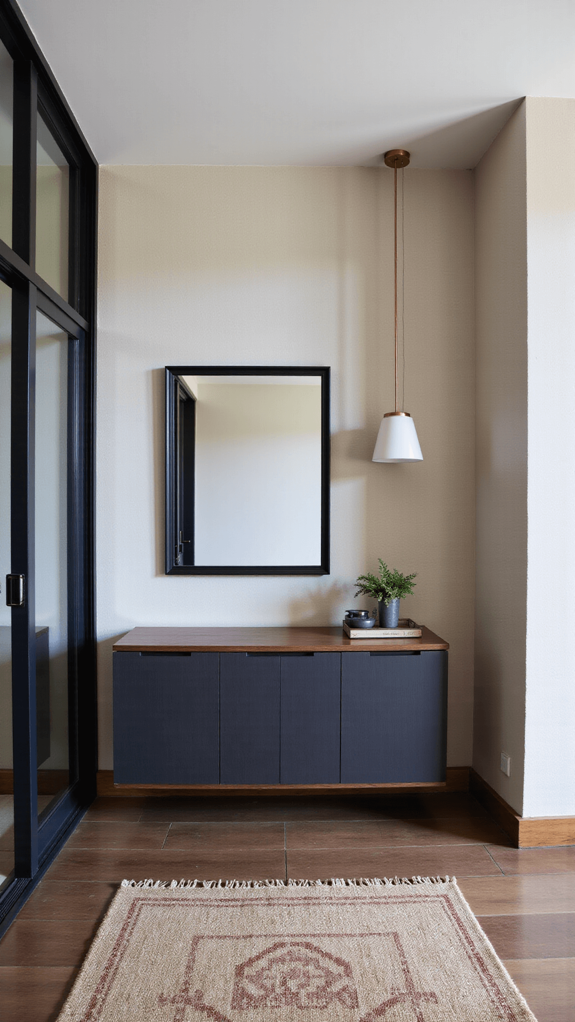 Modern entryway featuring blackened oak floating console, minimalist brass pendant with white glass shade, handwoven wool runner, and large mirror reflecting evening light during the blue hour