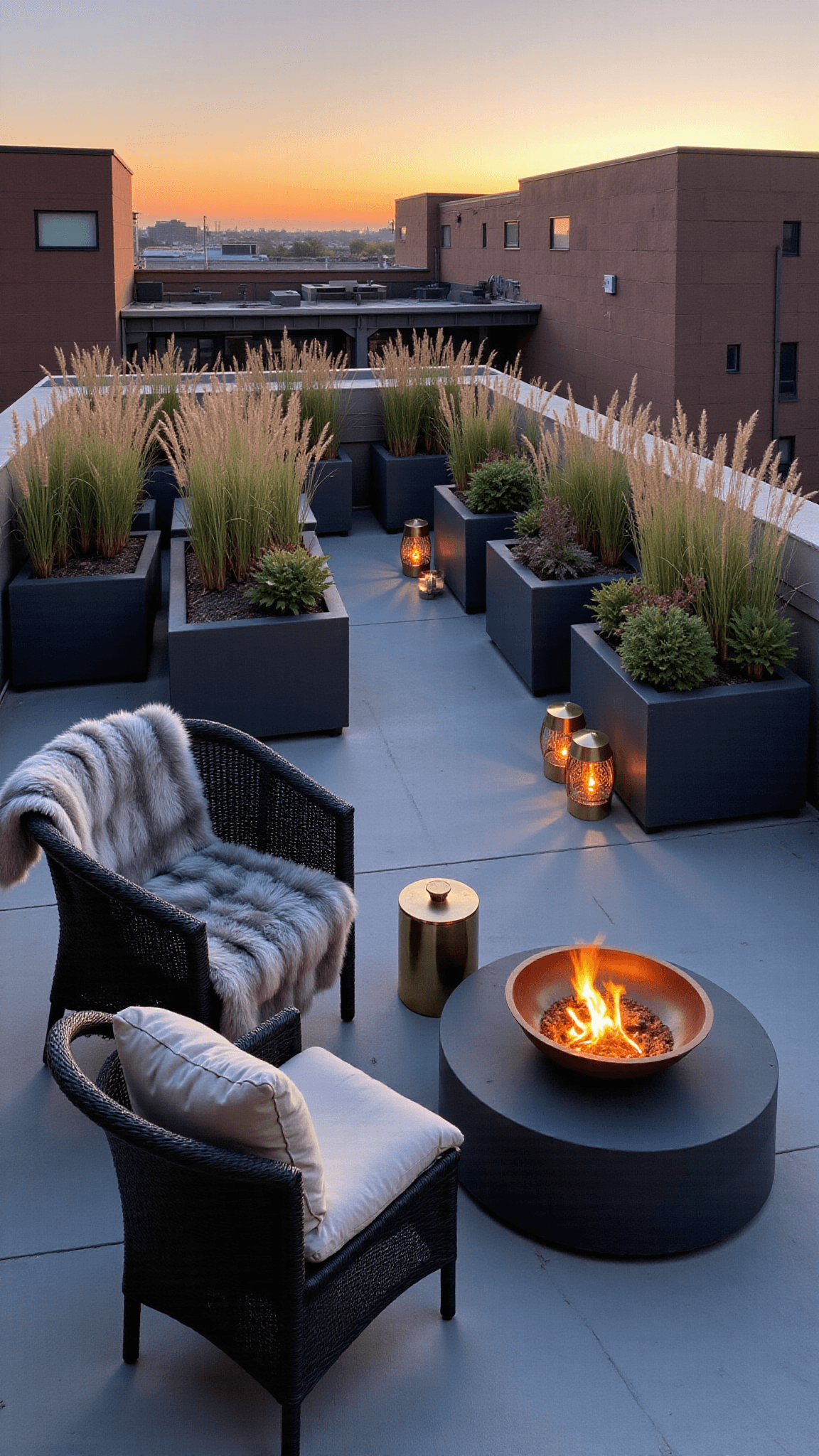 Modern rooftop terrace at sunset with geometric concrete planters, minimalist lounge area with charcoal woven chairs, warm metallic accents, and fall color scheme.