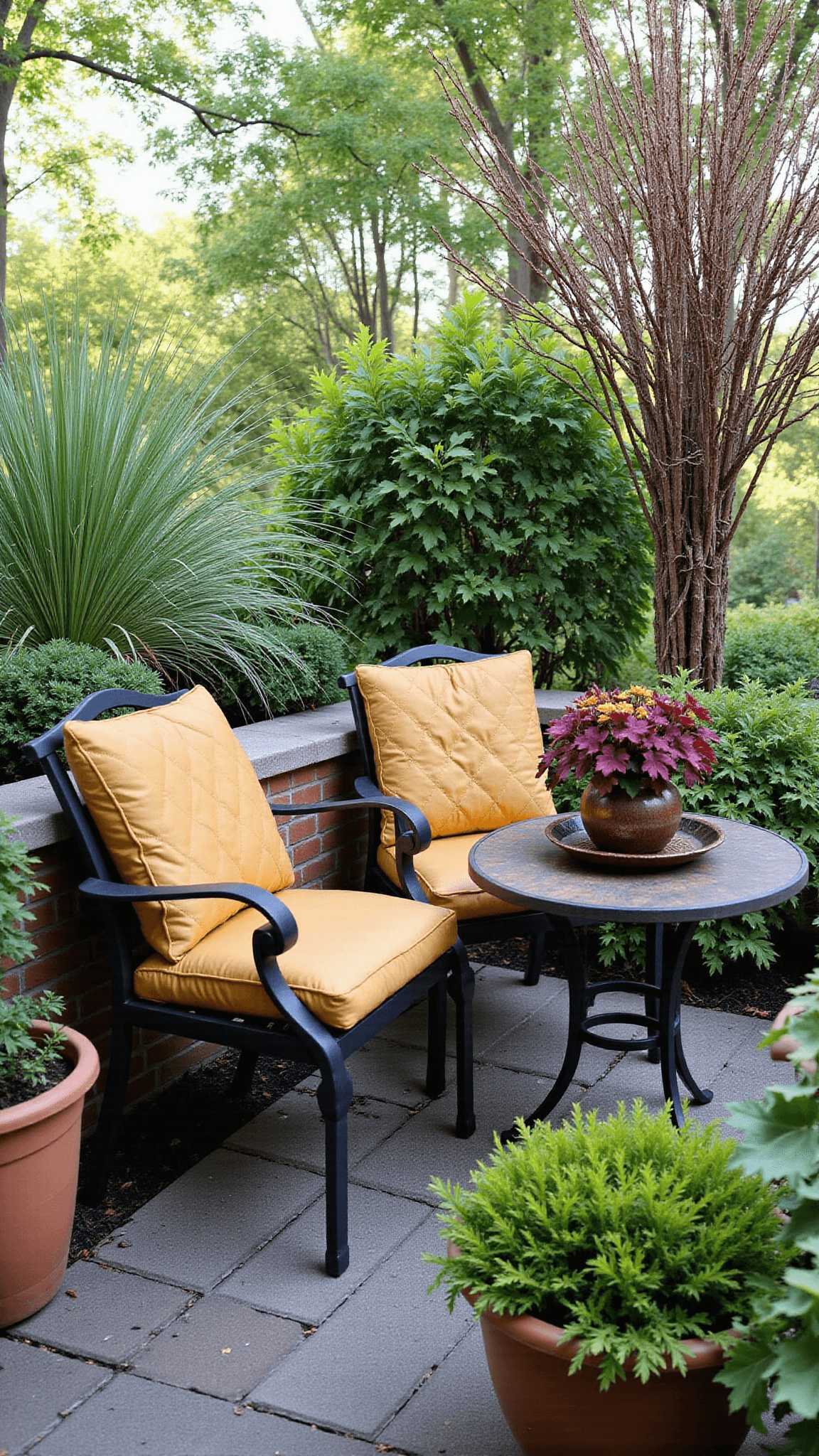 Vintage black iron bistro set with butterscotch cushions in a 6x8ft garden nook surrounded by ornamental plants and terra cotta containers with trailing ivy and bronze mums, under dappled sunlight