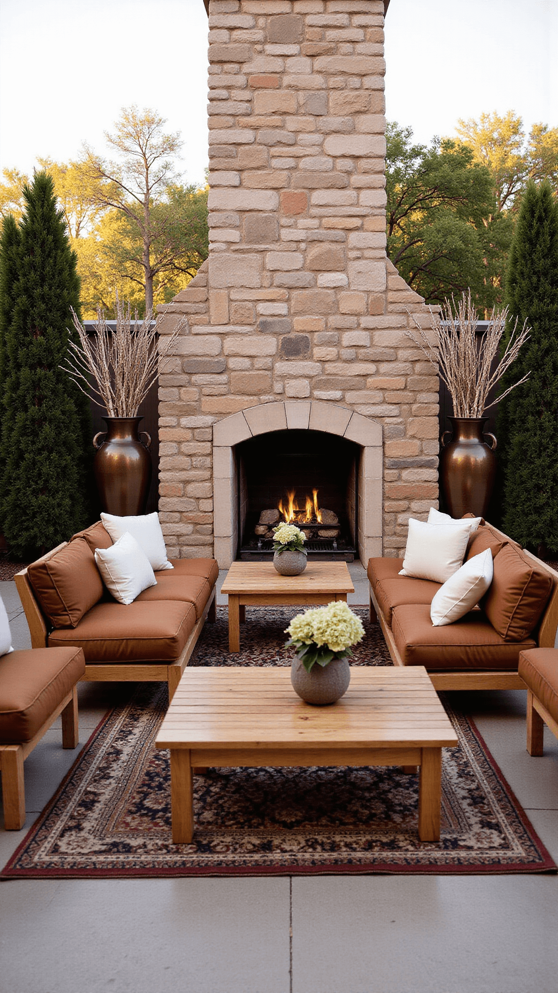Courtyard with grand stone fireplace, brown teak furniture, vintage kilim rugs, lanterns and bronze urns filled with birch branches and dried hydrangeas during golden hour