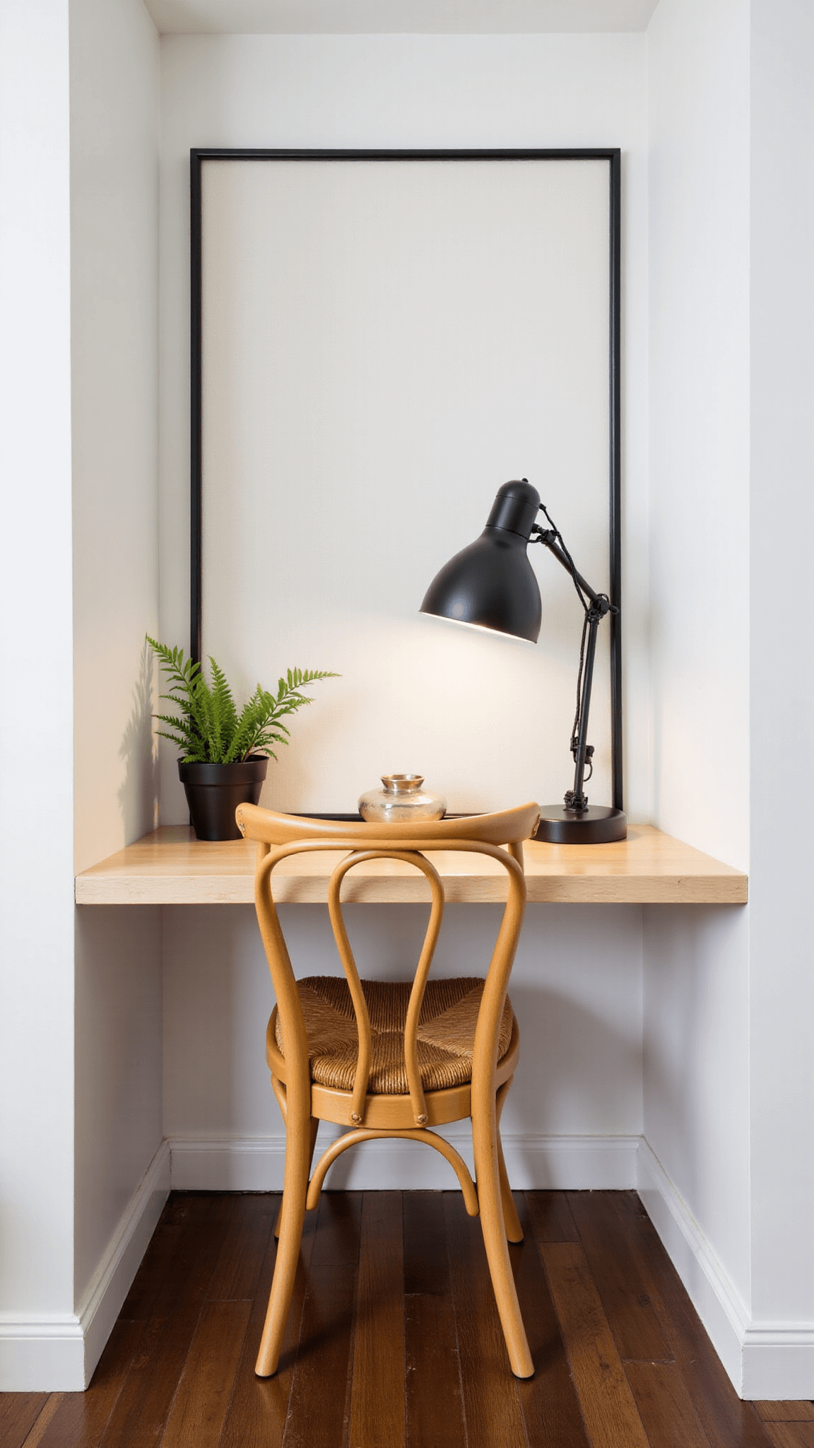 Compact home office nook at dusk featuring wall-to-wall pale ash wood floating desk, Wegner wishbone chair, black task lamp, rice paper screen divider and ceramic decorations with a potted fern.