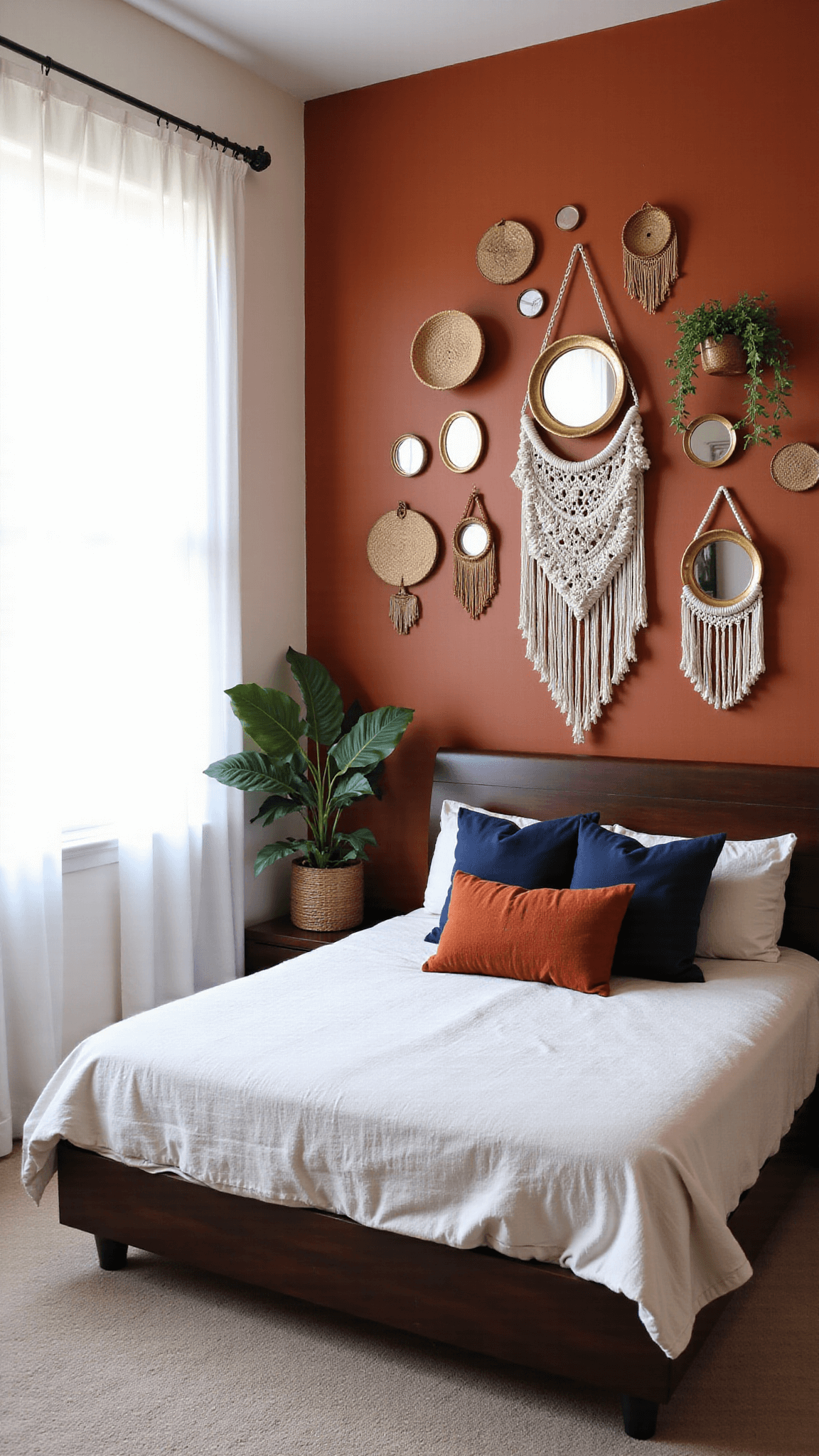 Bohemian-style bedroom with terracotta accent wall, vintage mirrors, macramé hangings, rumpled linen bed, and indoor plants, backlit by soft morning light through white curtains.